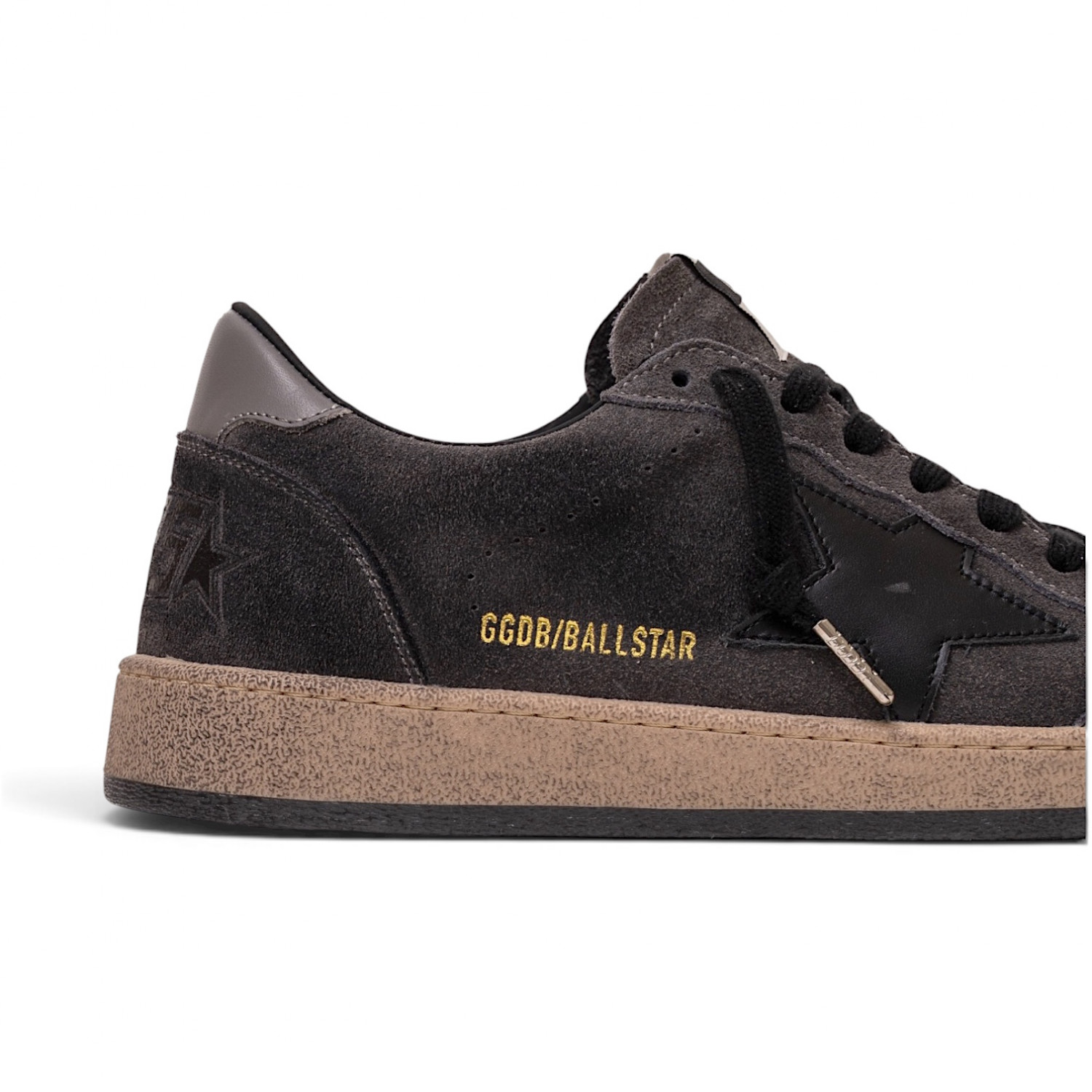 GOLDEN GOOSE MEN’S BALL STAR IN DARK GRAY SUEDE WITH BLACK LEATHER STAR
