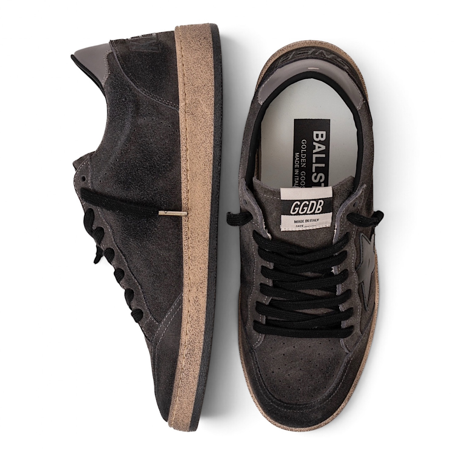 GOLDEN GOOSE MEN’S BALL STAR IN DARK GRAY SUEDE WITH BLACK LEATHER STAR