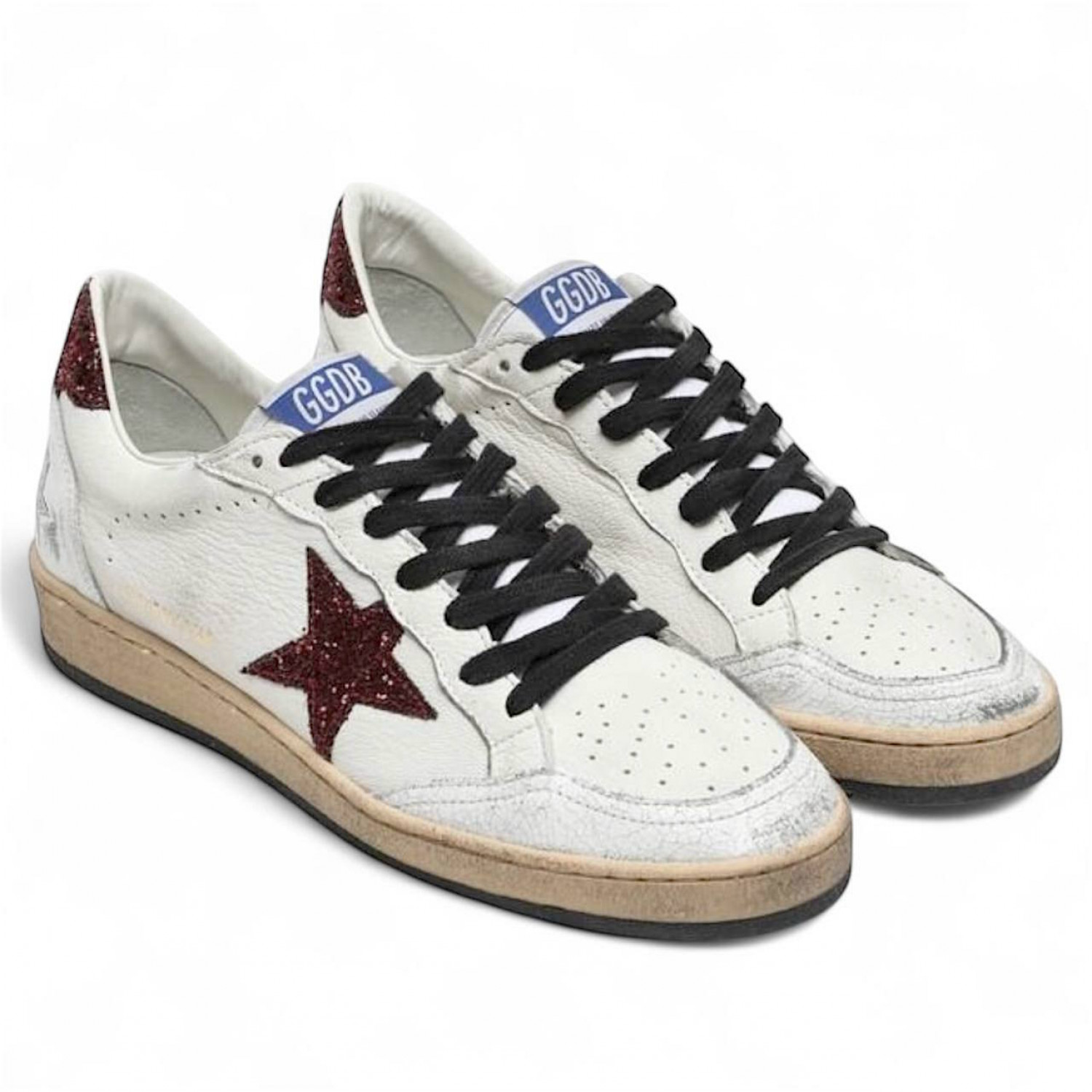 GOLDEN GOOSE BALL STAR SNEAKERS WITH BURGUNDY GLITTER STAR