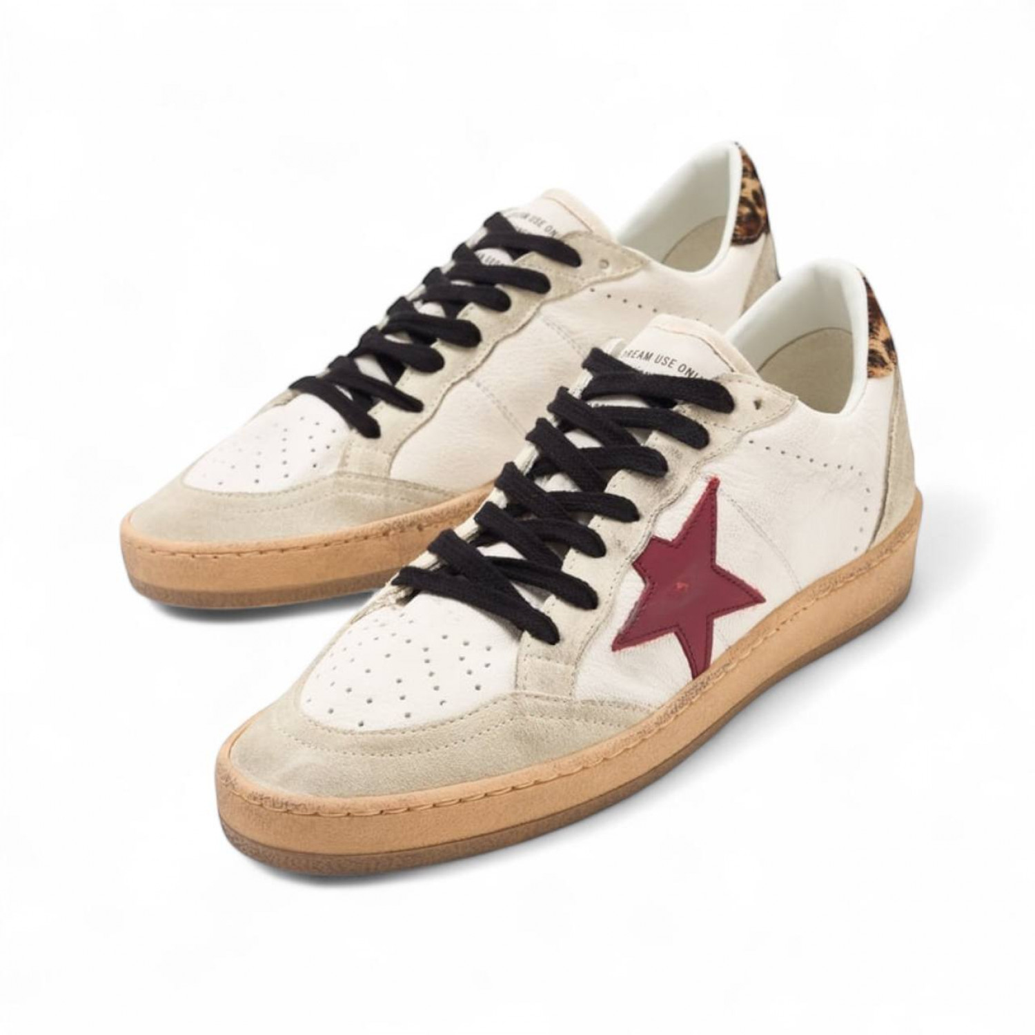 GOLDEN GOOSE BALL STAR SNEAKERS IN NAPPA WITH RED STAR AND LEOPARD HEEL TAB