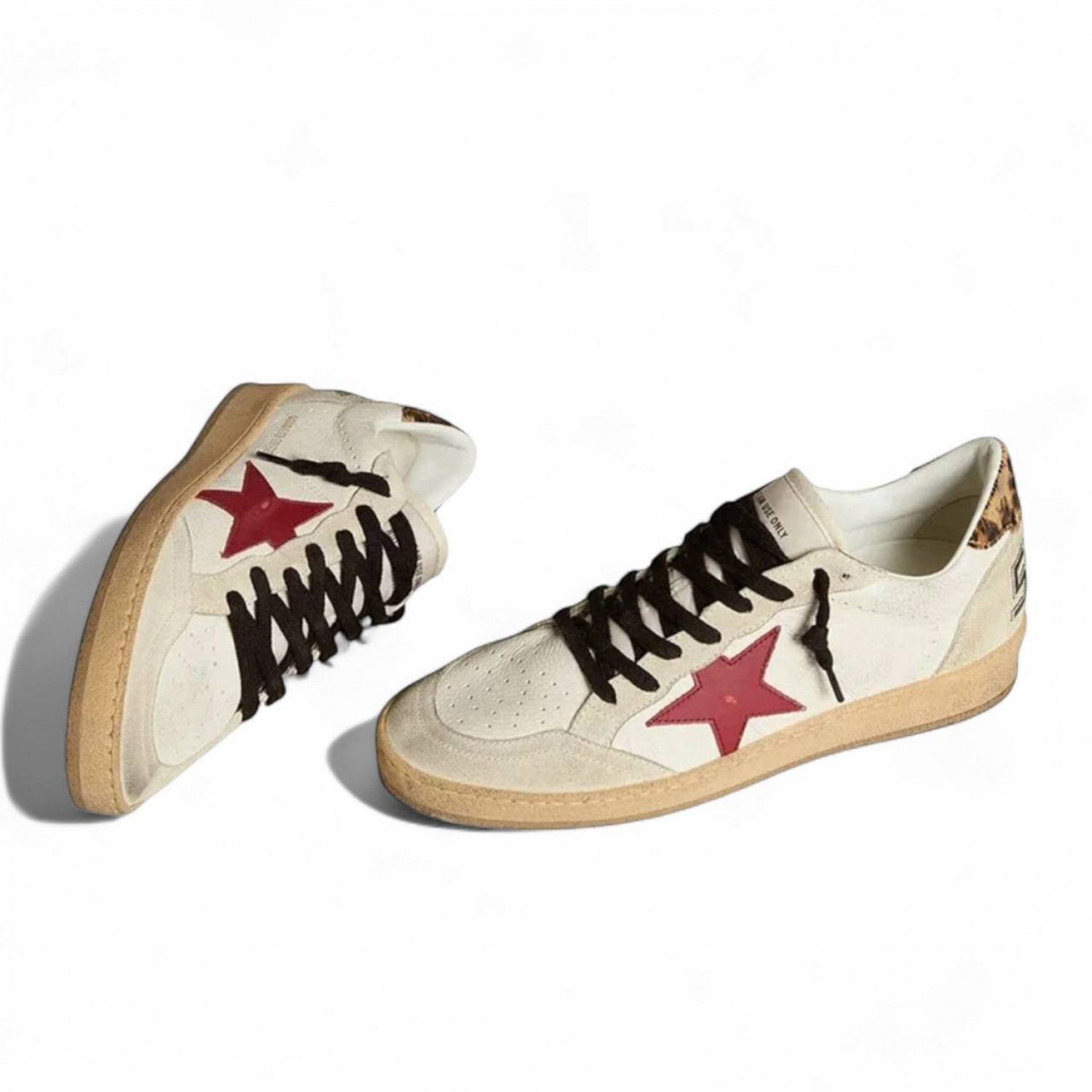 GOLDEN GOOSE BALL STAR SNEAKERS IN NAPPA WITH RED STAR AND LEOPARD HEEL TAB
