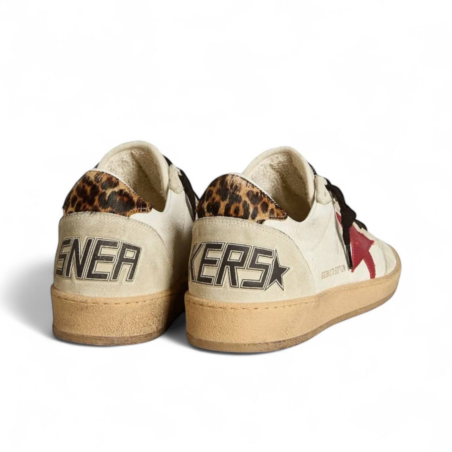 GOLDEN GOOSE BALL STAR SNEAKERS IN NAPPA WITH RED STAR AND LEOPARD HEEL TAB