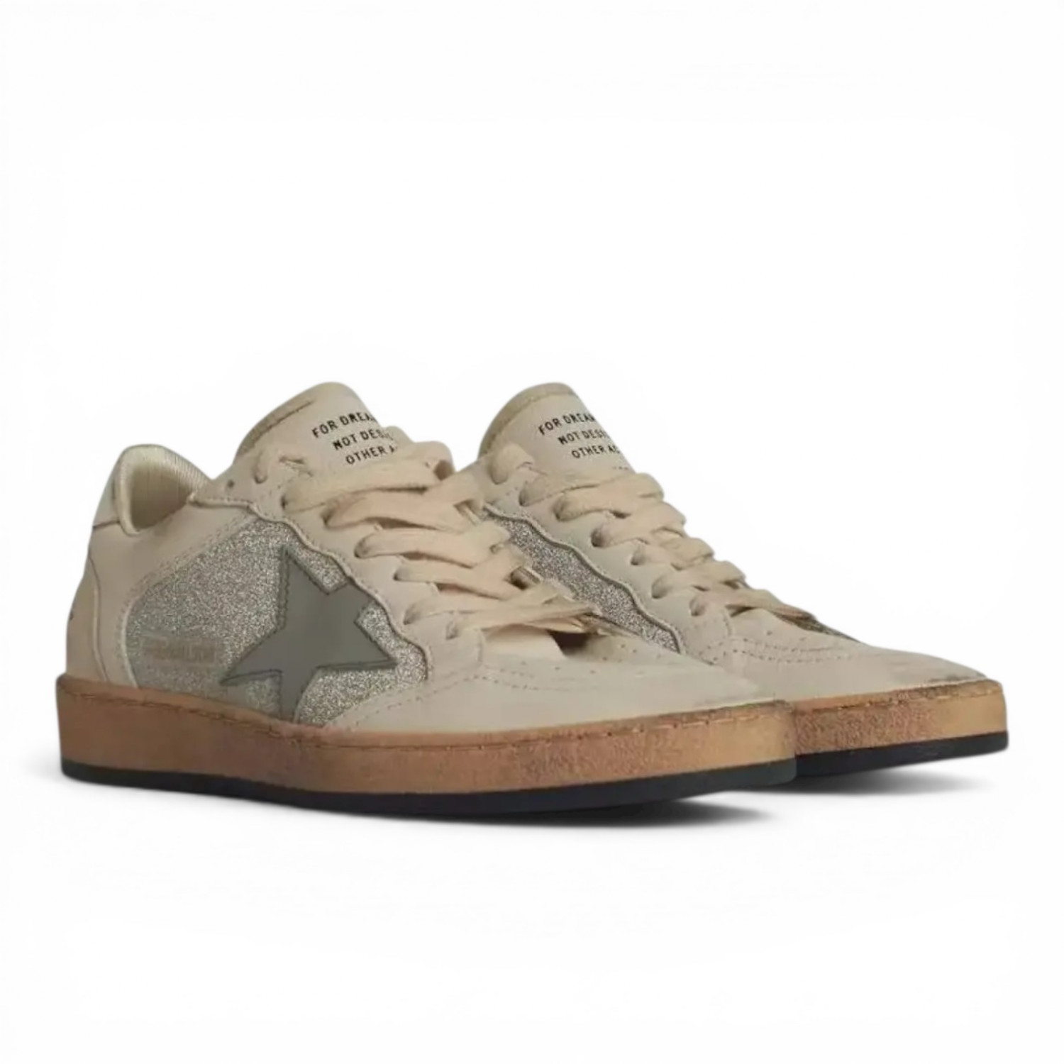 GOLDEN GOOSE BALL STAR IN SILVER GLITTER WITH GRAY LEATHER STAR