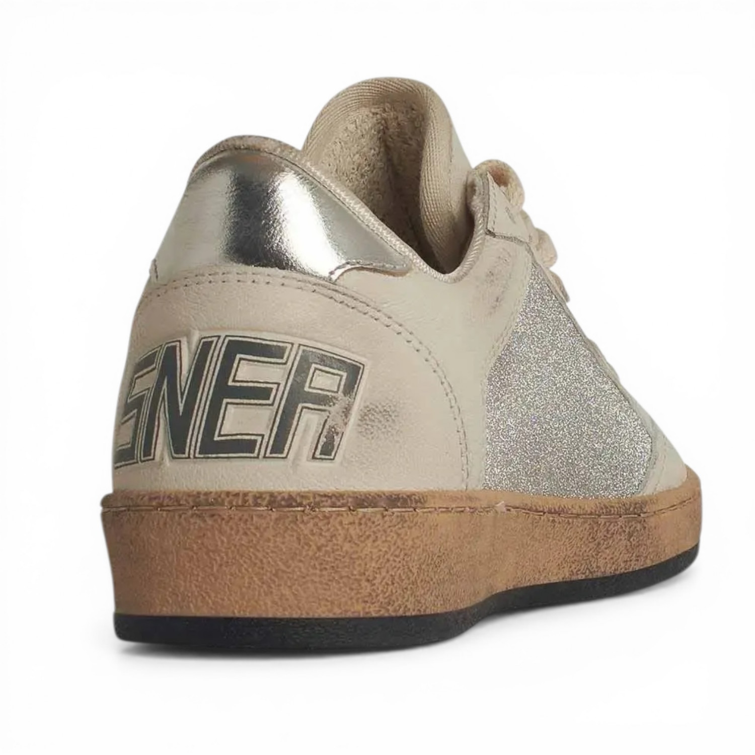 GOLDEN GOOSE BALL STAR IN SILVER GLITTER WITH GRAY LEATHER STAR