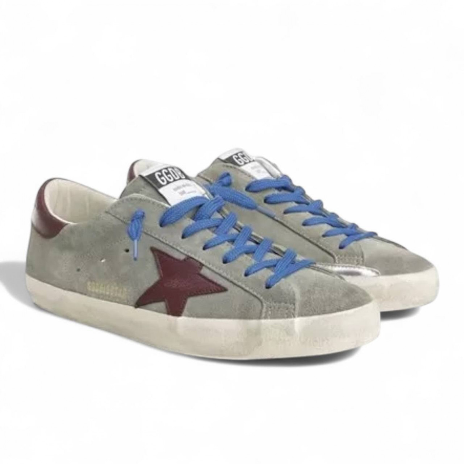 GOLDEN GOOSE MEN’S SUPER STAR IN GRAY SUEDE WITH BURGUNDY LEATHER STAR