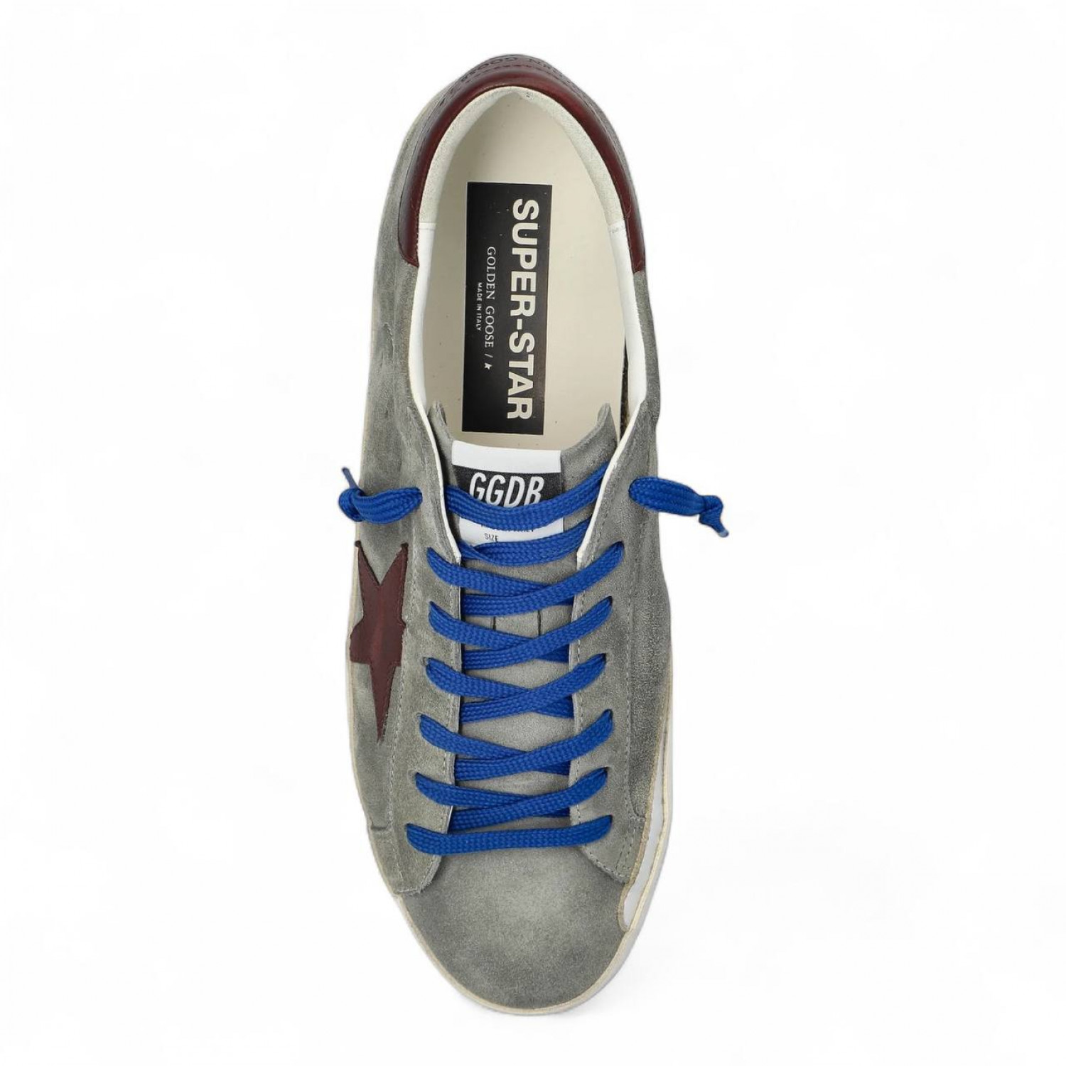 GOLDEN GOOSE MEN’S SUPER STAR IN GRAY SUEDE WITH BURGUNDY LEATHER STAR