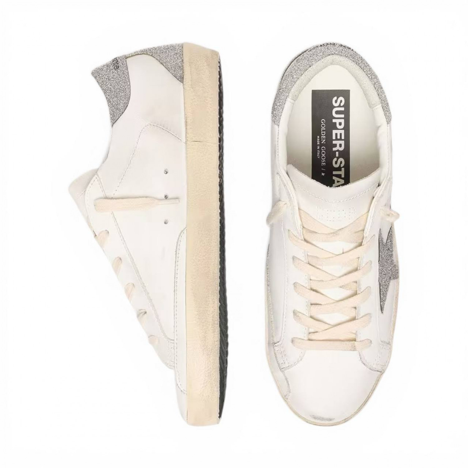 GOLDEN GOOSE SUPER STAR WITH SILVER SWAROVSKI CRYSTAL STAR AND HEEL TAB