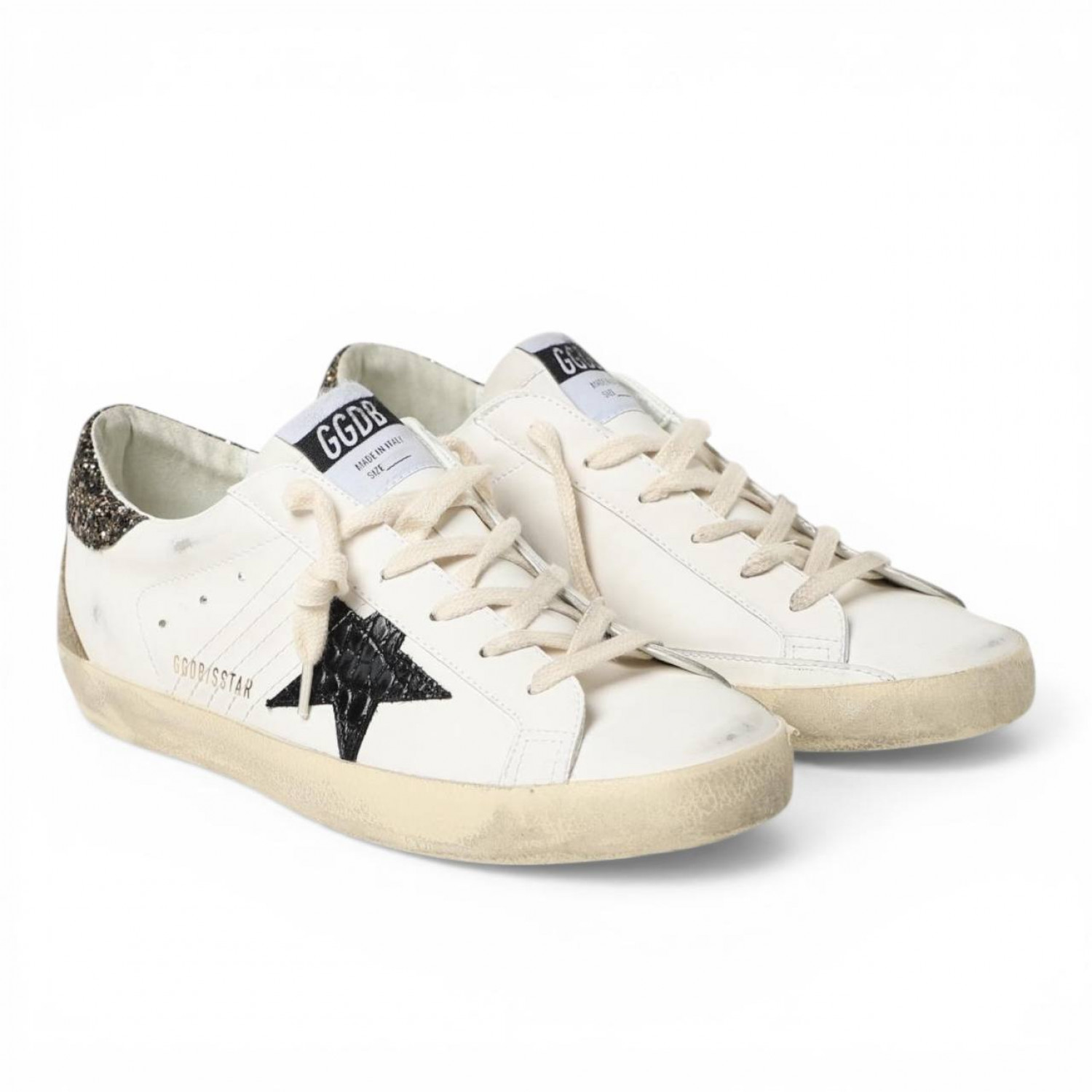 GOLDEN GOOSE SUPER STAR CROCO-PRINT STAR AND SILVER GLITTER HEEL TAB