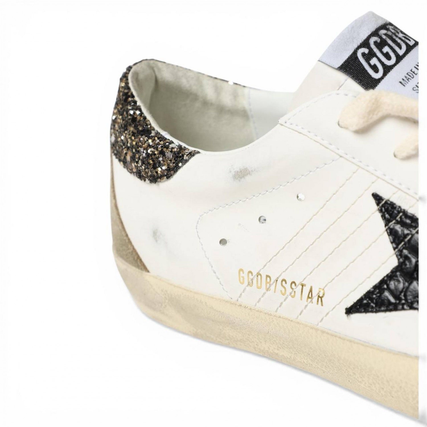 GOLDEN GOOSE SUPER STAR CROCO-PRINT STAR AND SILVER GLITTER HEEL TAB