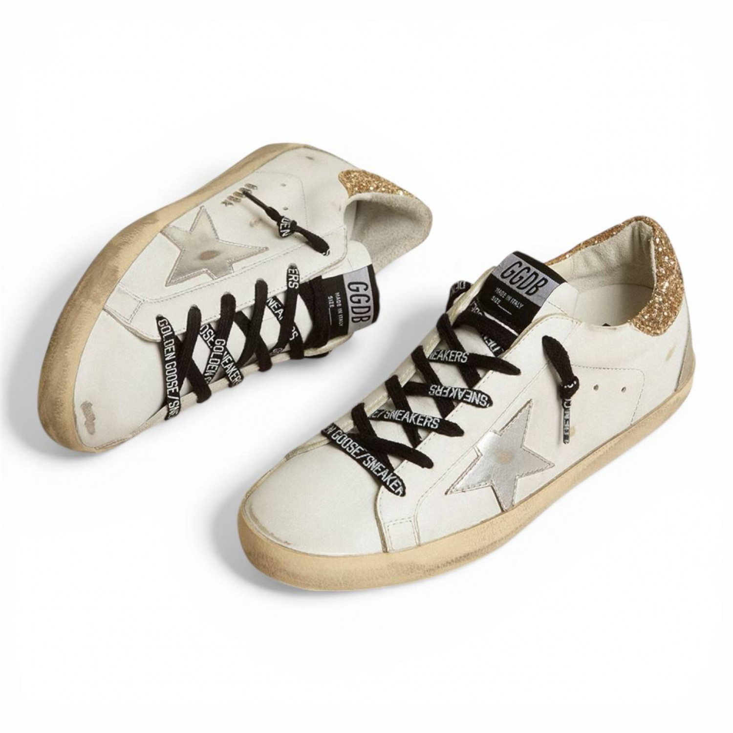 GOLDEN GOOSE SUPER STAR DONNA BIANCHE IN PELLE CON TALLONCINO GLITTER