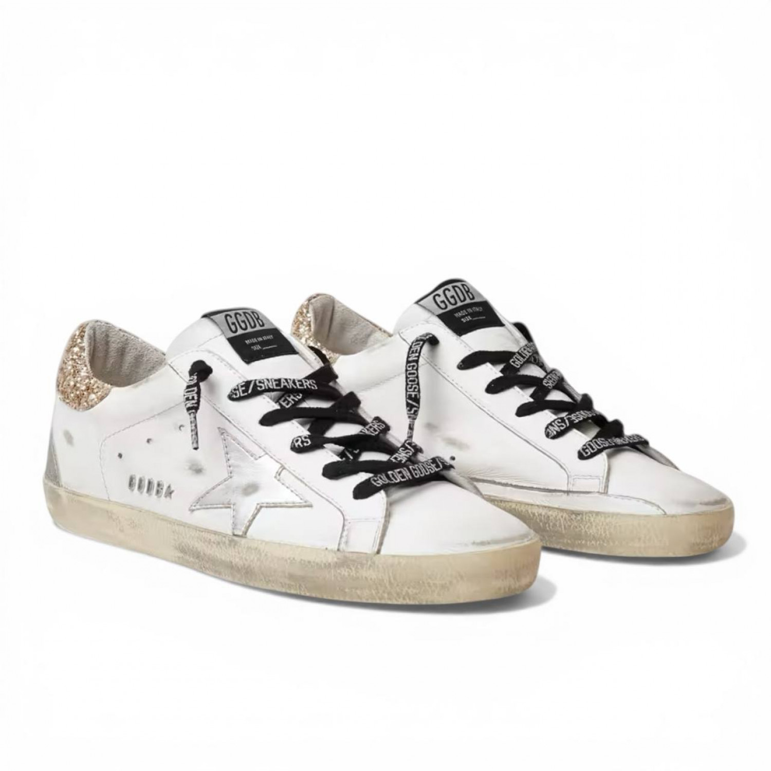 GOLDEN GOOSE SUPER STAR DONNA BIANCHE IN PELLE CON TALLONCINO GLITTER