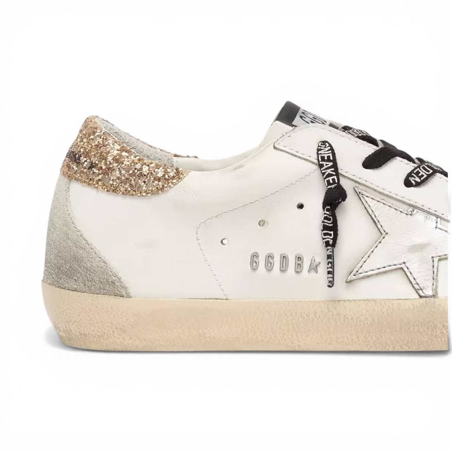 GOLDEN GOOSE SUPER STAR DONNA BIANCHE IN PELLE CON TALLONCINO GLITTER