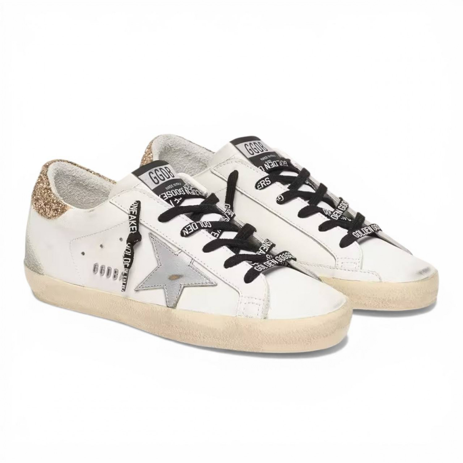 GOLDEN GOOSE SUPER STAR DONNA BIANCHE IN PELLE CON TALLONCINO GLITTER