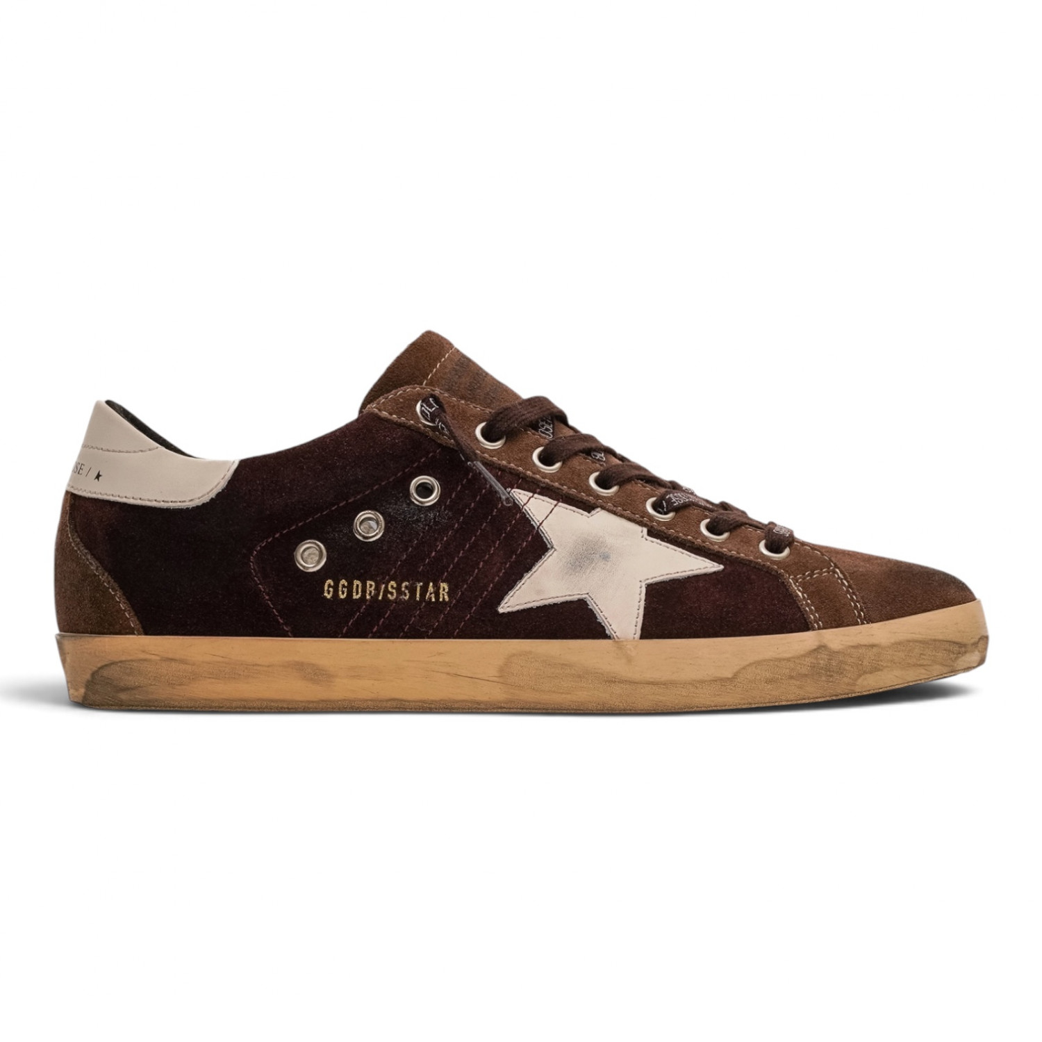 Men’s Super Star in burgundy suede with white leather star and blue laces