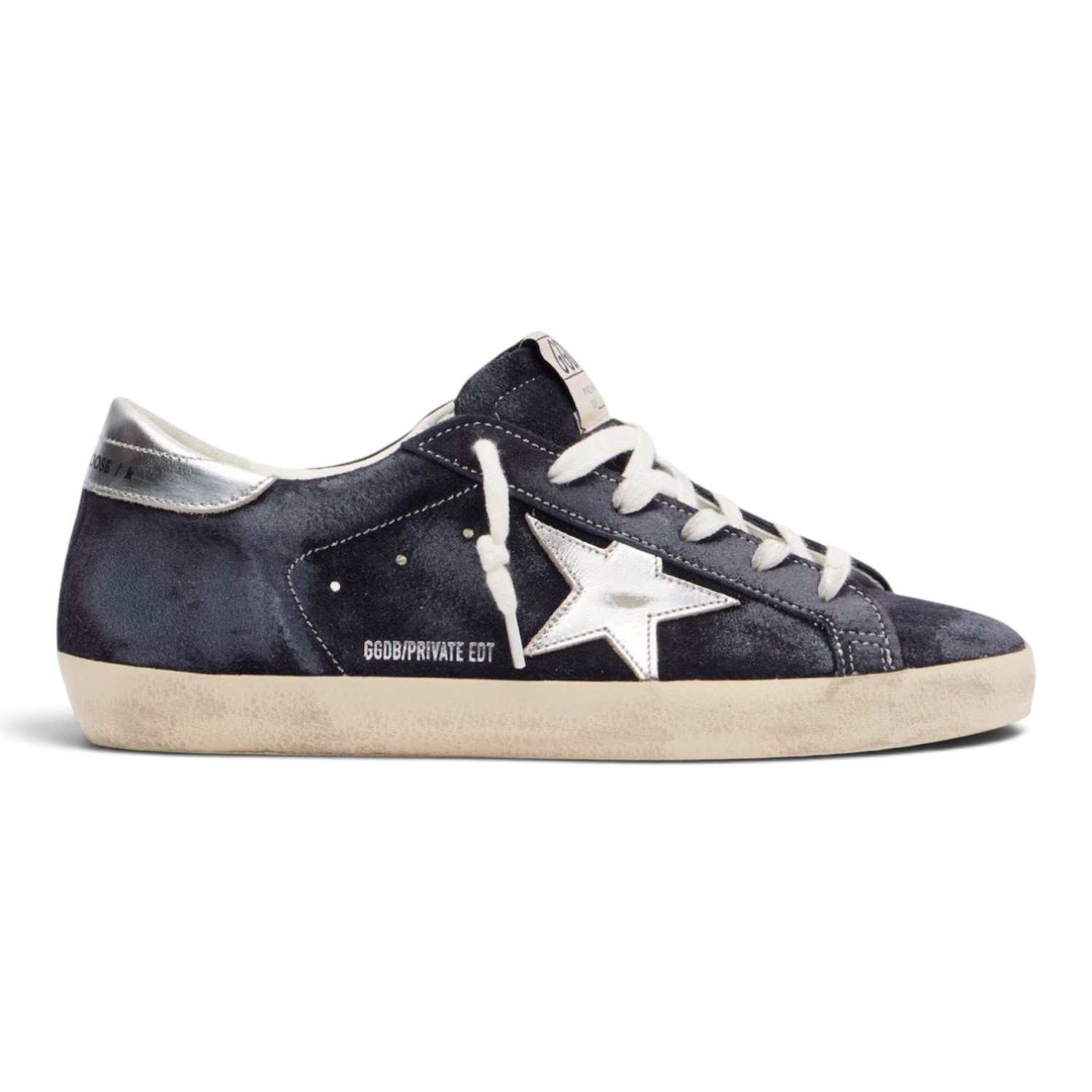 Super Star in dark navy suede with white star and silver heel tab