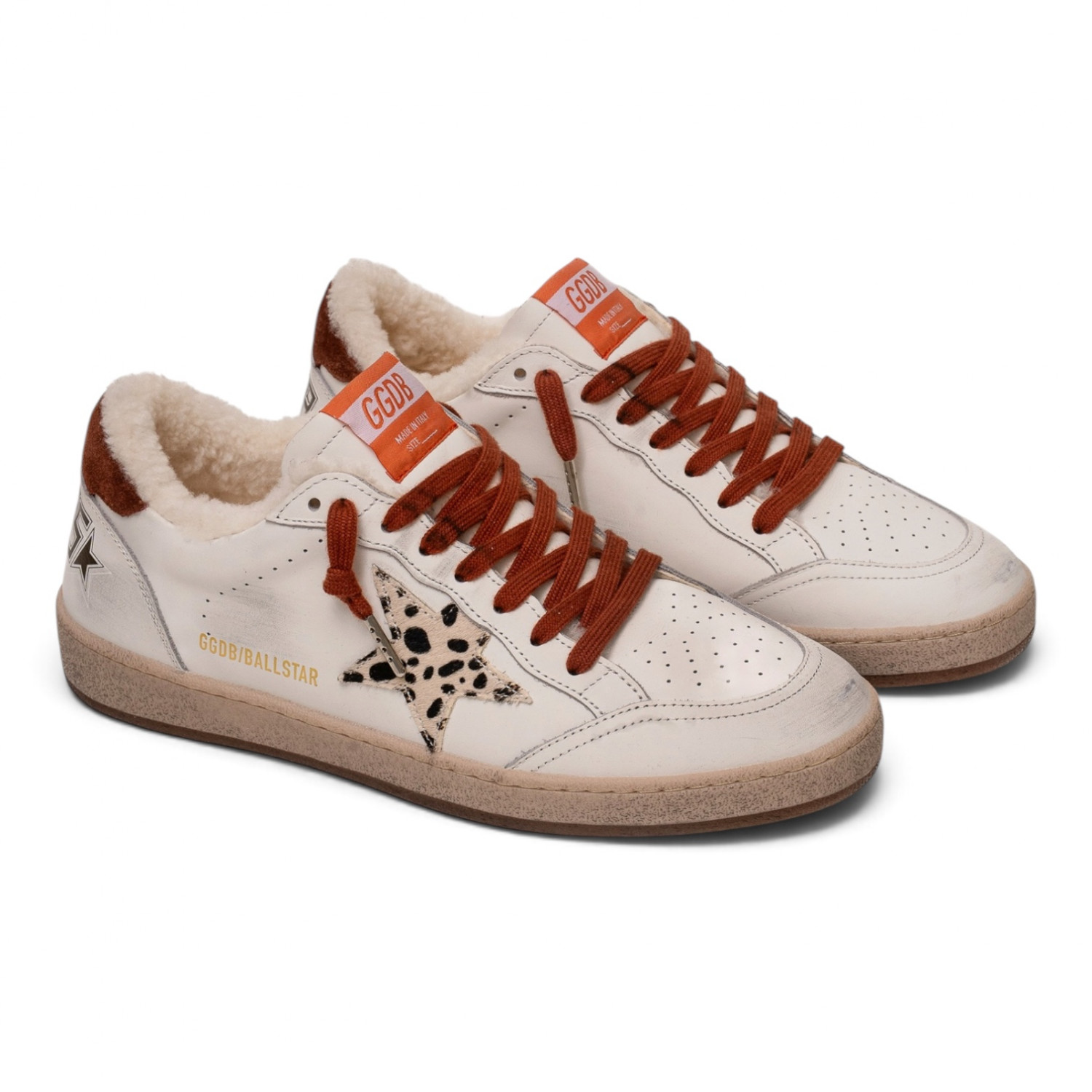 BALL STAR SHEARLING WHITE LEATHER WITH LEOPARD STAR AND RUST HEEL TAB