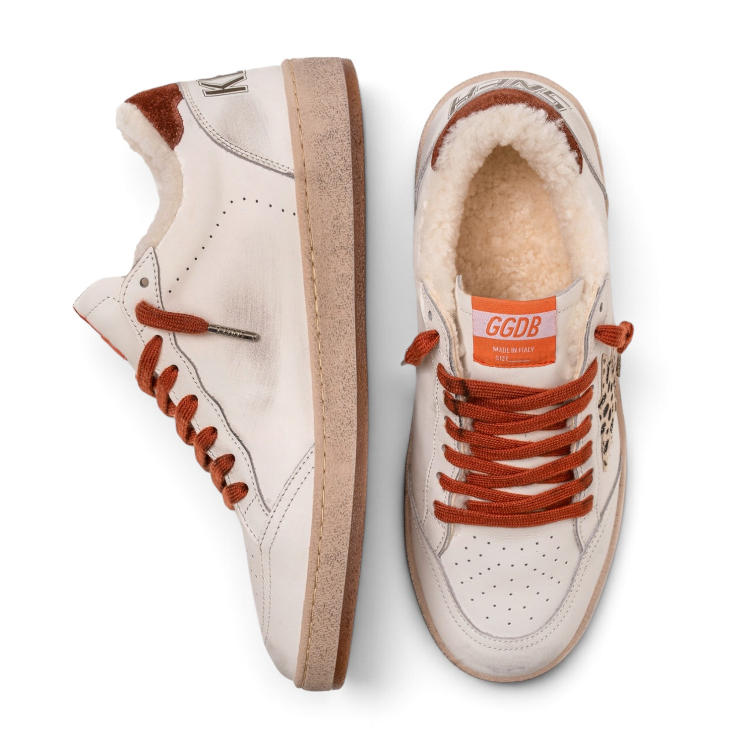BALL STAR SHEARLING WHITE LEATHER WITH LEOPARD STAR AND RUST HEEL TAB