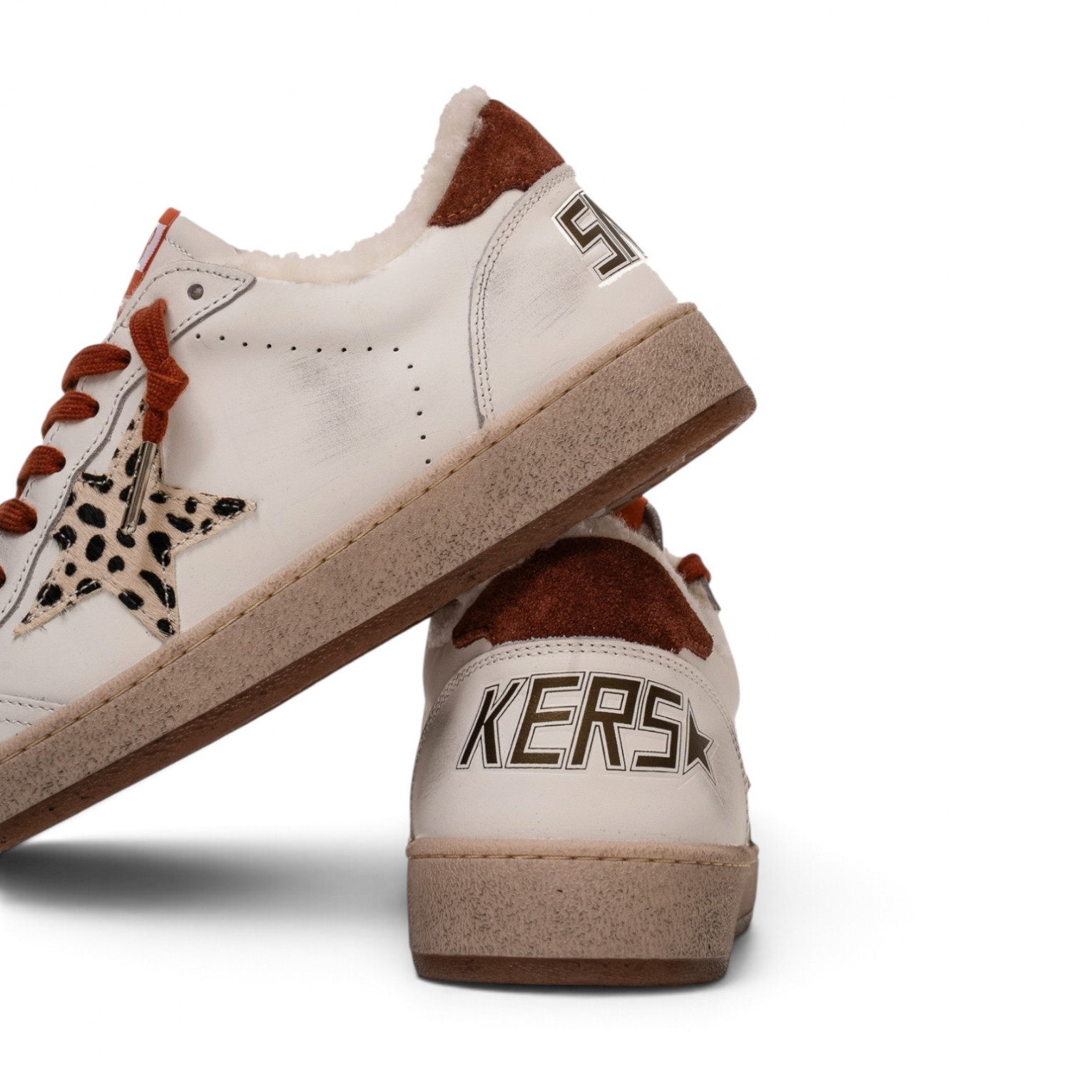 BALL STAR SHEARLING WHITE LEATHER WITH LEOPARD STAR AND RUST HEEL TAB