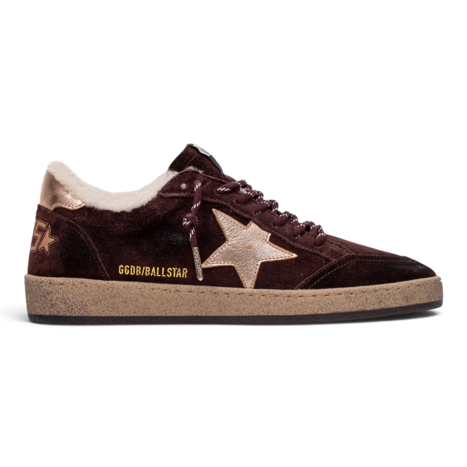 Ball Star Shearling in burgundy suede with gold star and metallic leather heel tab