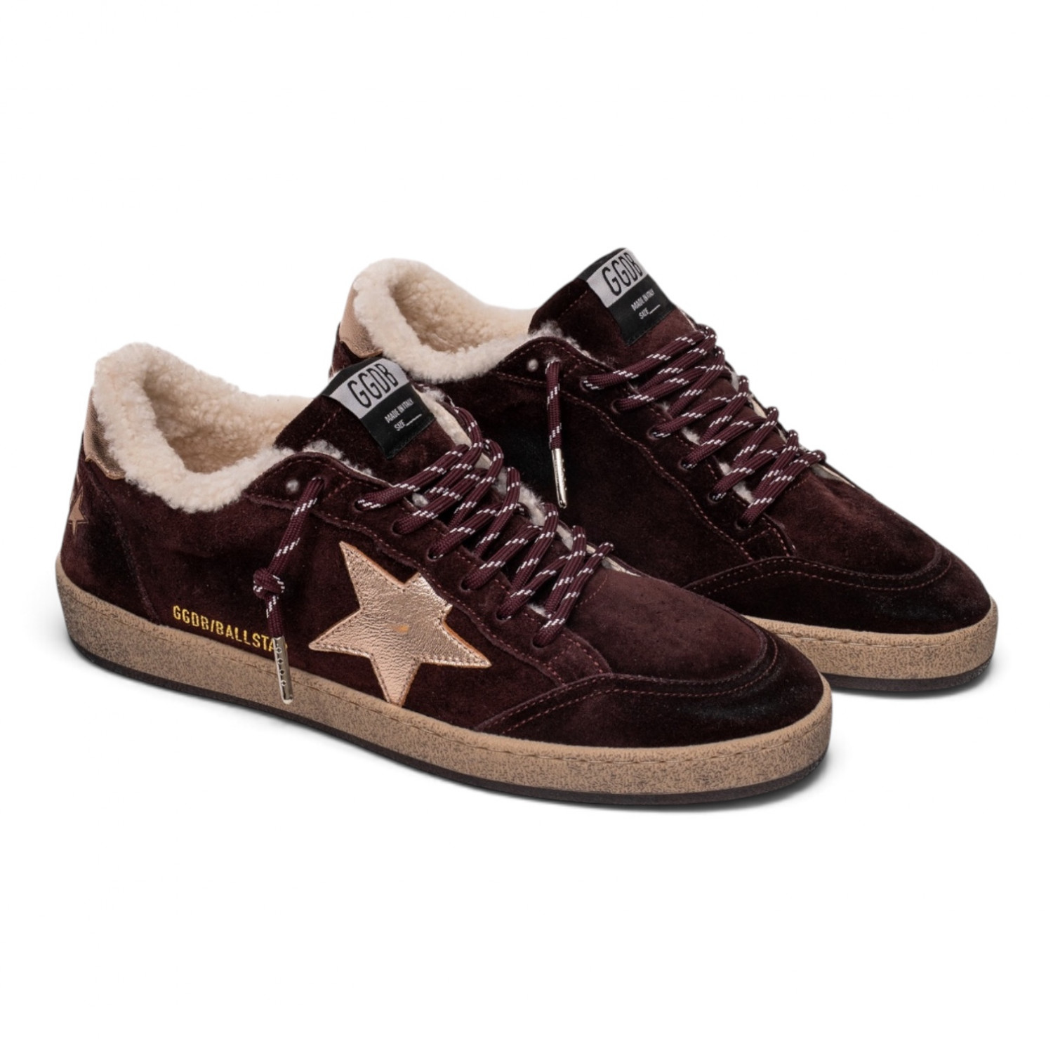 BALL STAR SHEARLING IN BURGUNDY SUEDE WITH GOLD STAR AND METALLIC LEATHER HEEL TAB