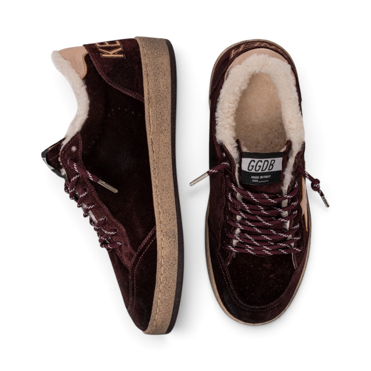 BALL STAR SHEARLING IN BURGUNDY SUEDE WITH GOLD STAR AND METALLIC LEATHER HEEL TAB