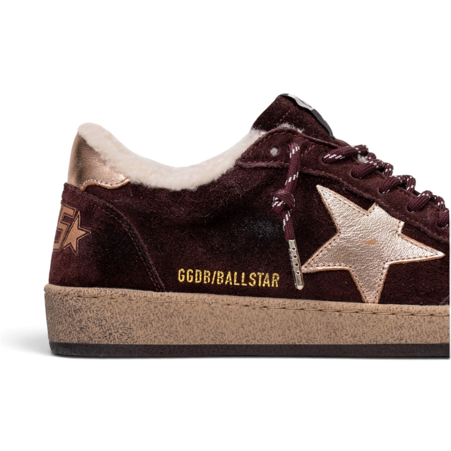 BALL STAR SHEARLING IN BURGUNDY SUEDE WITH GOLD STAR AND METALLIC LEATHER HEEL TAB