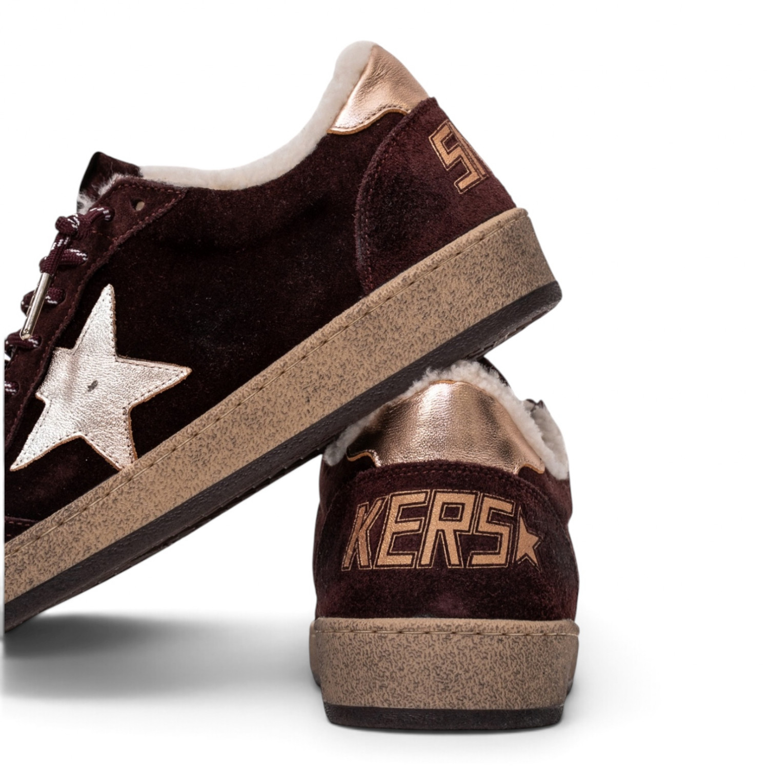 BALL STAR SHEARLING IN BURGUNDY SUEDE WITH GOLD STAR AND METALLIC LEATHER HEEL TAB