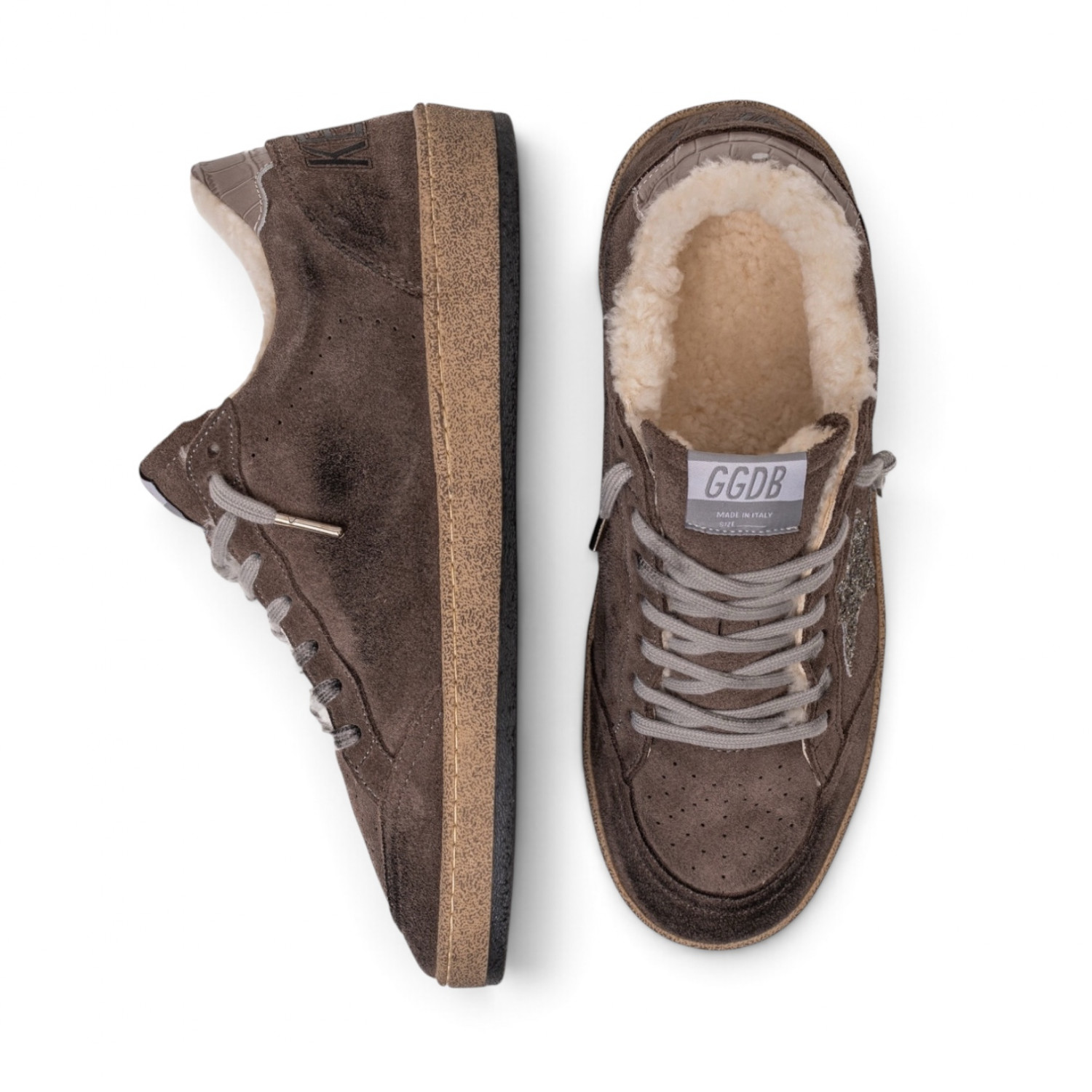BALL STAR SHEARLING IN COFFEE SUEDE WITH GLITTER STAR AND LEATHER HEEL TAB