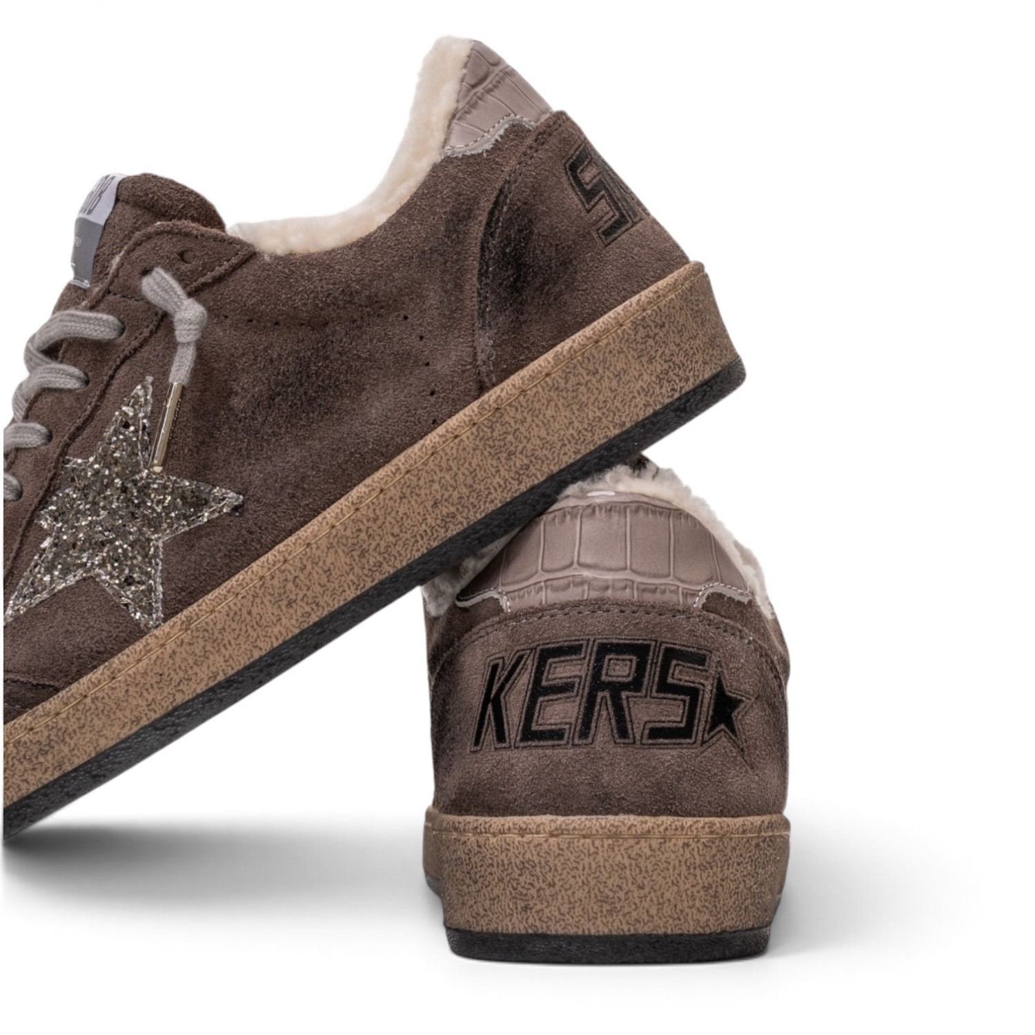 BALL STAR SHEARLING IN COFFEE SUEDE WITH GLITTER STAR AND LEATHER HEEL TAB