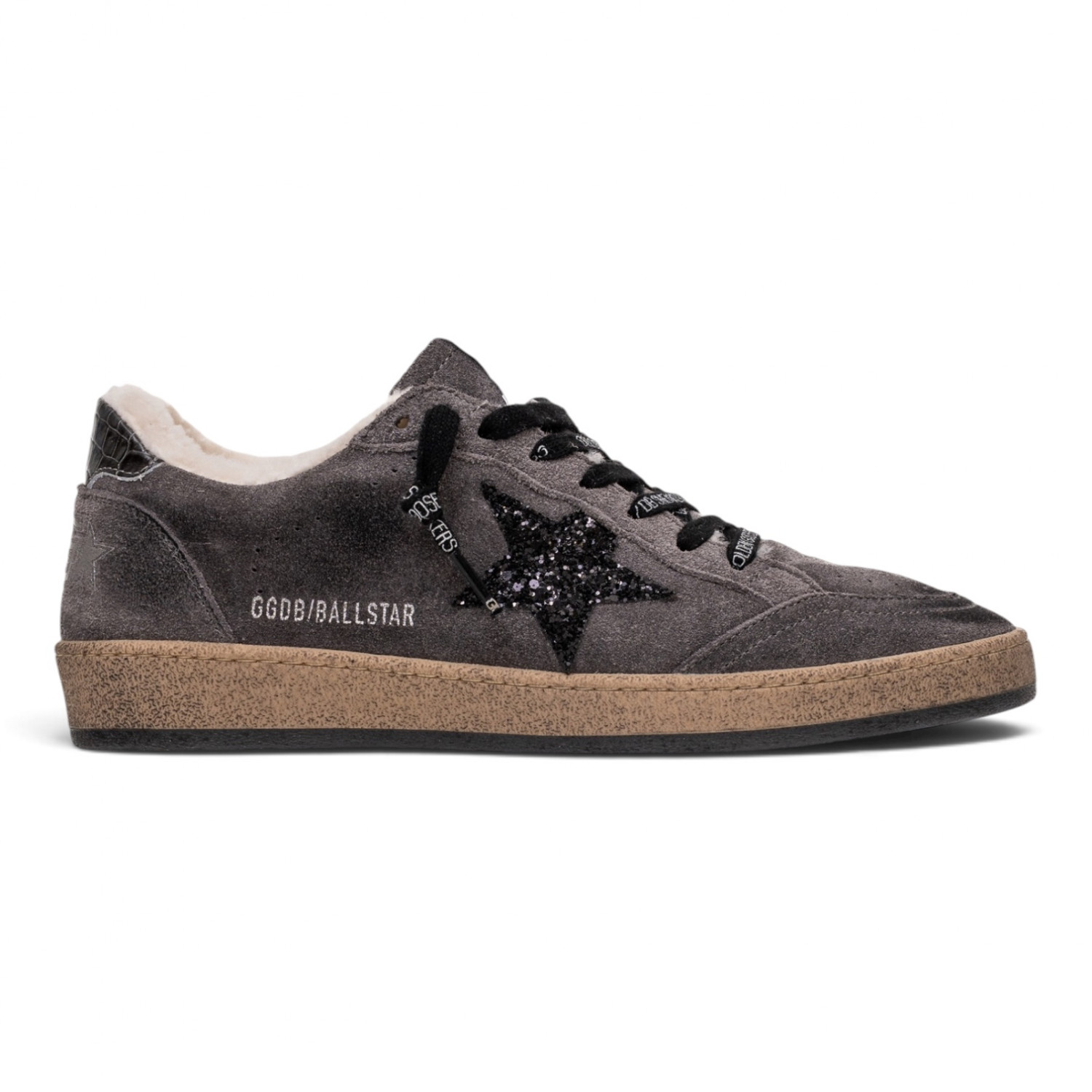 Ball Star Shearling in gray suede with glitter star and leather heel tab