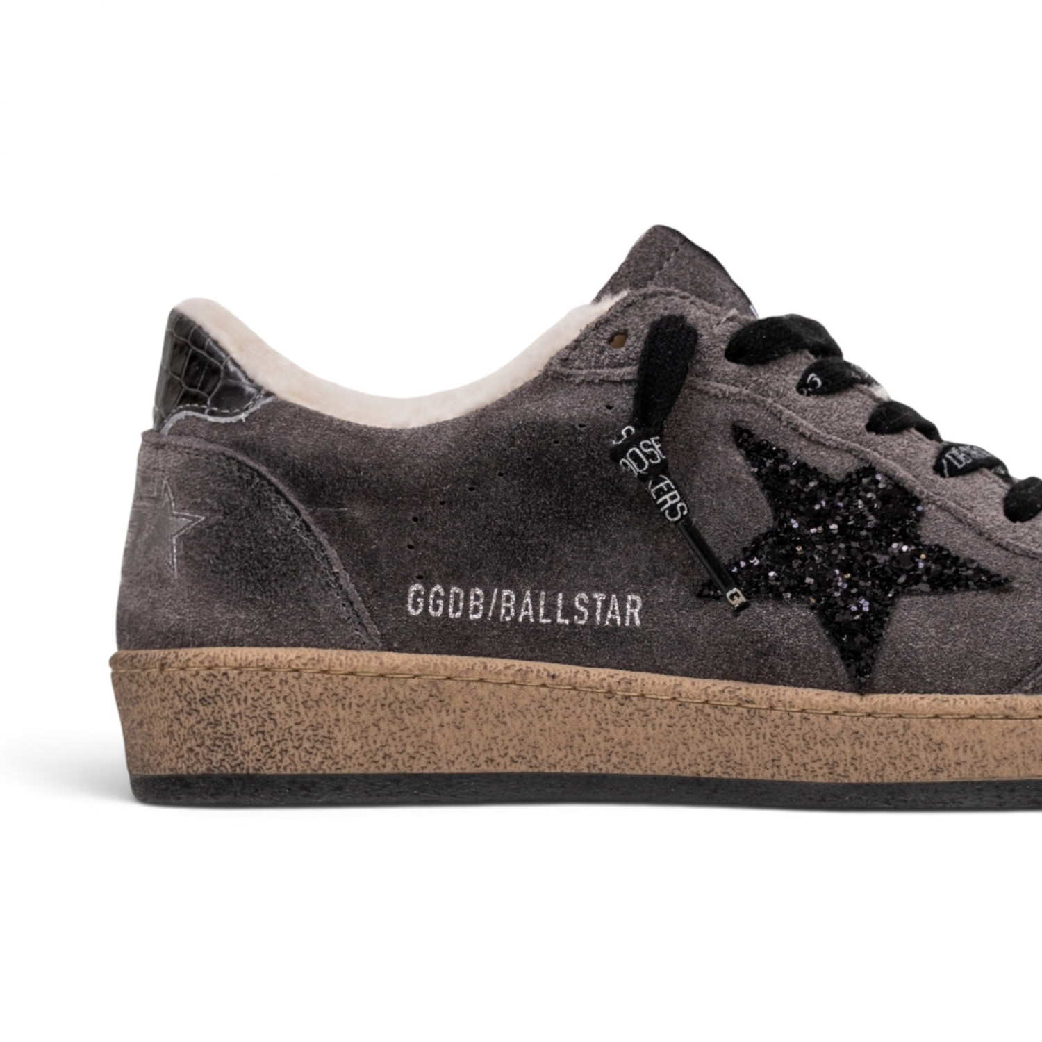 BALL STAR SHEARLING IN GRAY SUEDE WITH GLITTER STAR AND LEATHER HEEL TAB