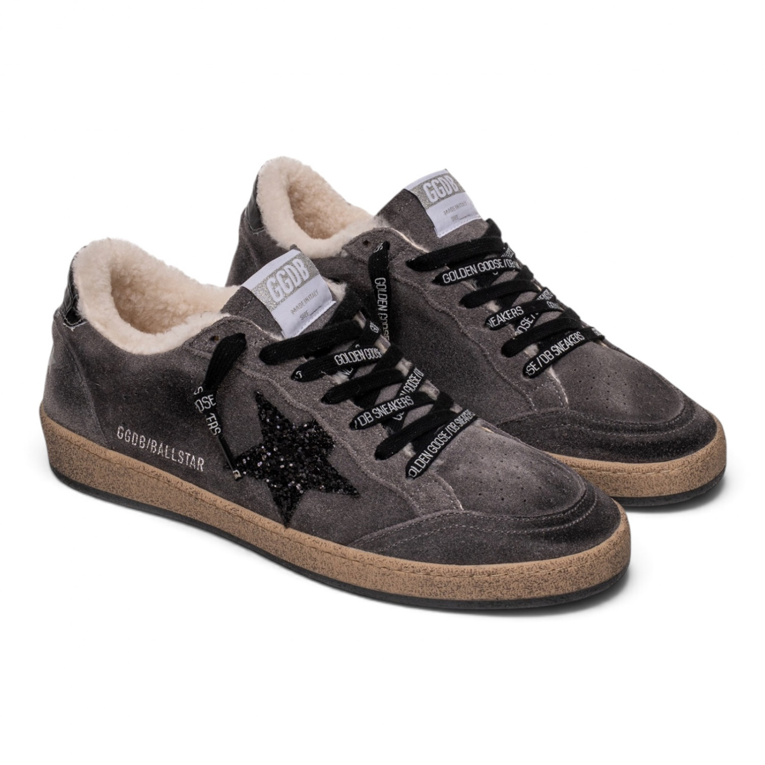 BALL STAR SHEARLING IN GRAY SUEDE WITH GLITTER STAR AND LEATHER HEEL TAB