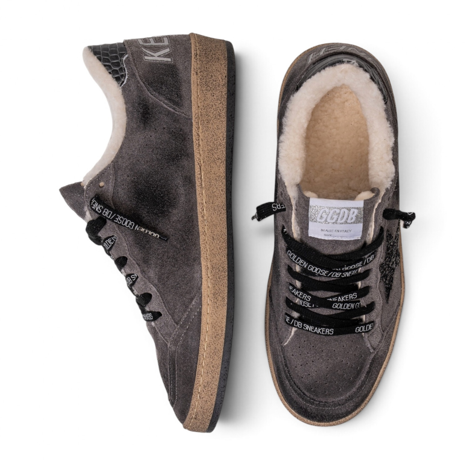 BALL STAR SHEARLING IN GRAY SUEDE WITH GLITTER STAR AND LEATHER HEEL TAB