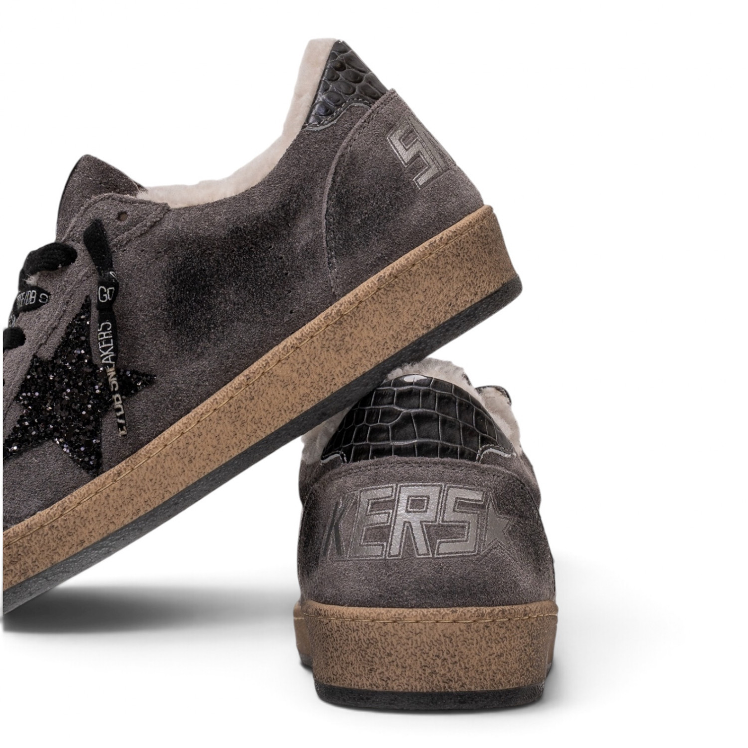 BALL STAR SHEARLING IN GRAY SUEDE WITH GLITTER STAR AND LEATHER HEEL TAB