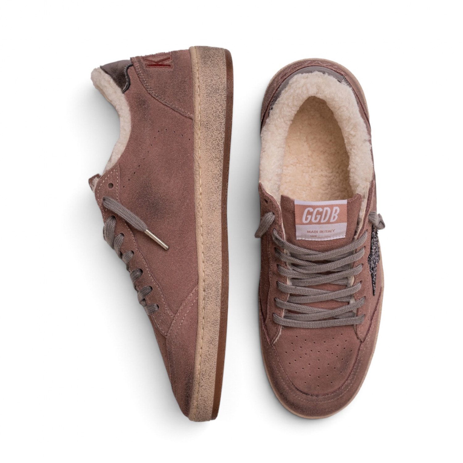 BALL STAR SHEARLING IN LAVANDER SUEDE WITH GLITTER STAR AND LEATHER HEEL TAB