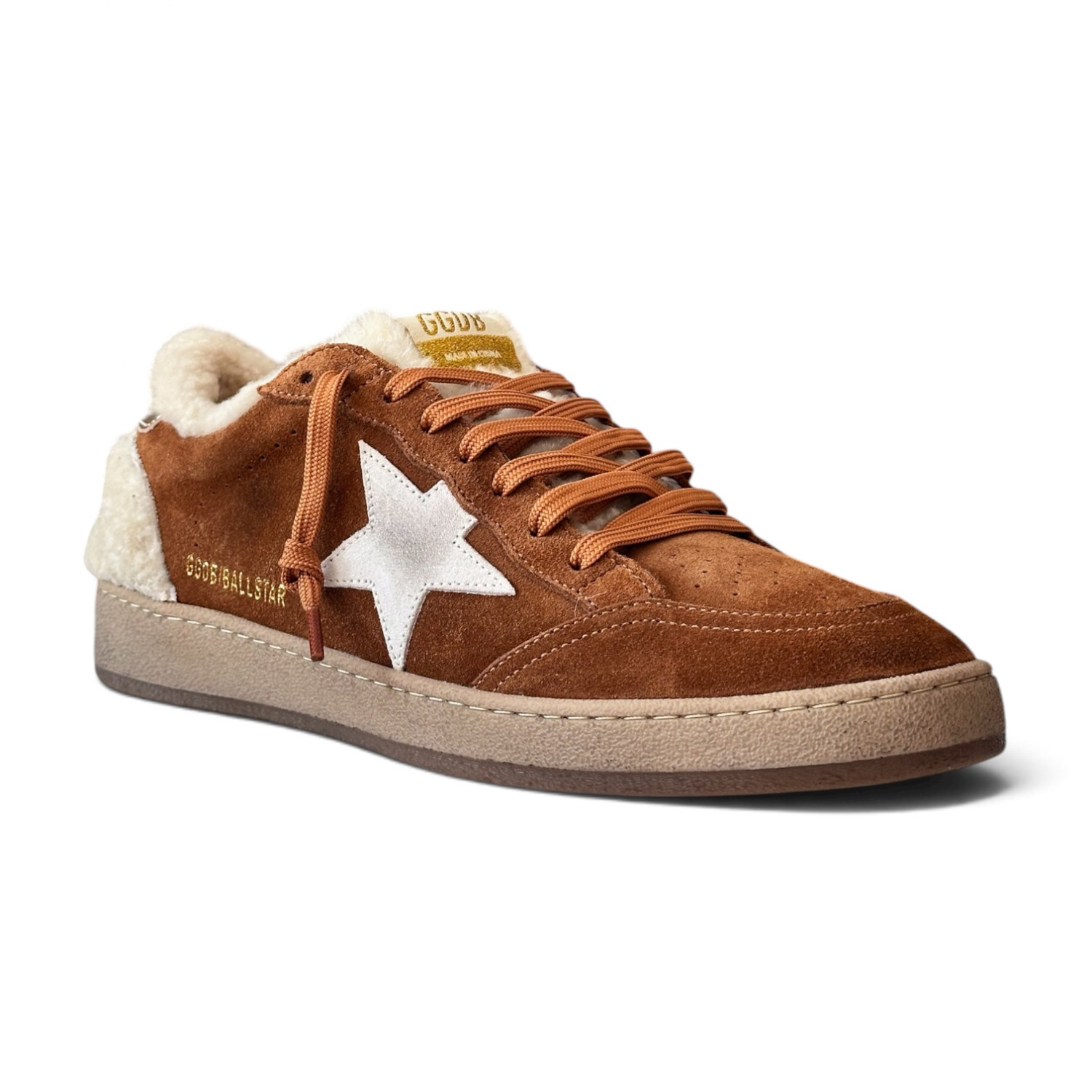 BALL STAR SHEARLING TRIMMED SUEDE SNEAKERS IN TAN WITH SILVER STAR