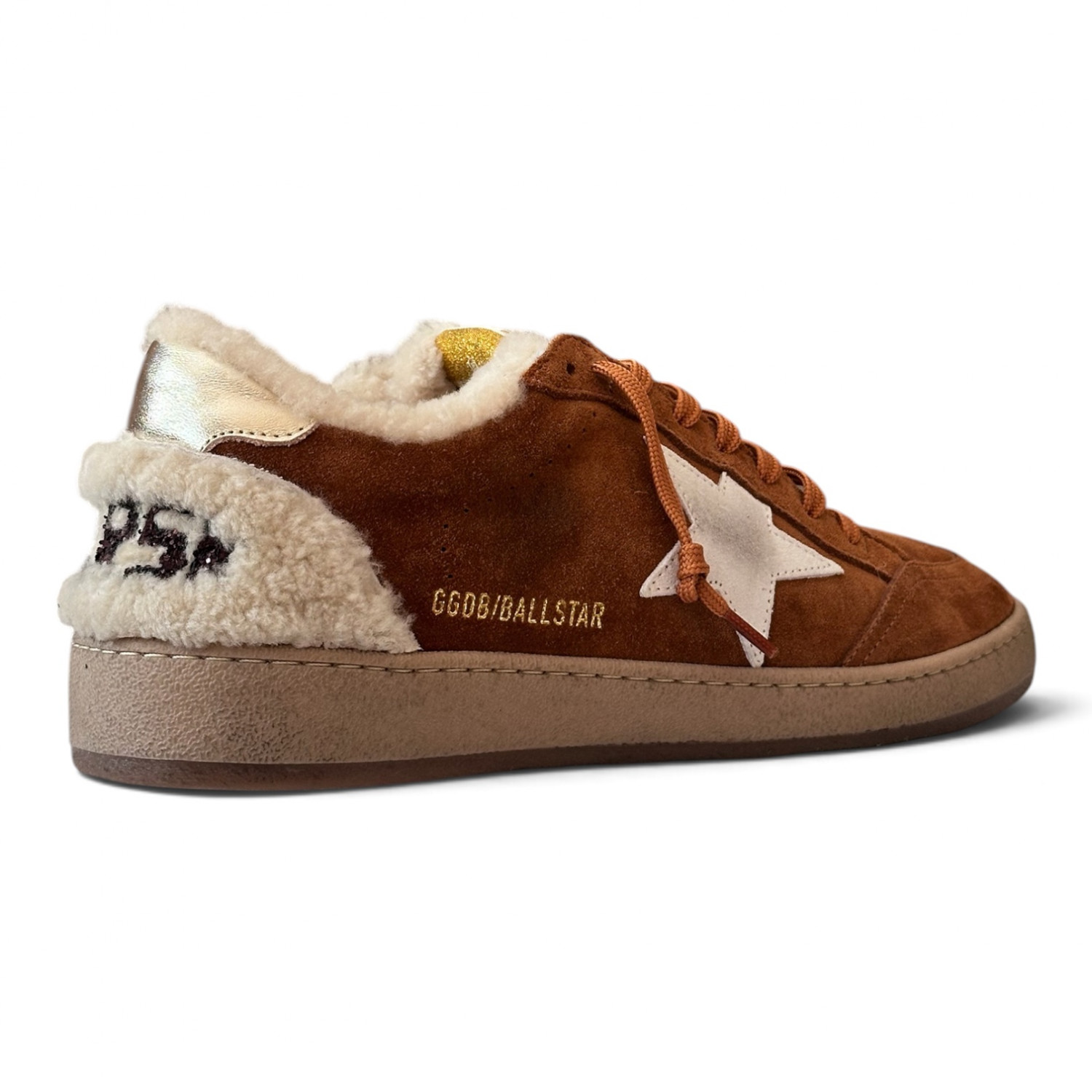 BALL STAR SHEARLING TRIMMED SUEDE SNEAKERS IN TAN WITH SILVER STAR