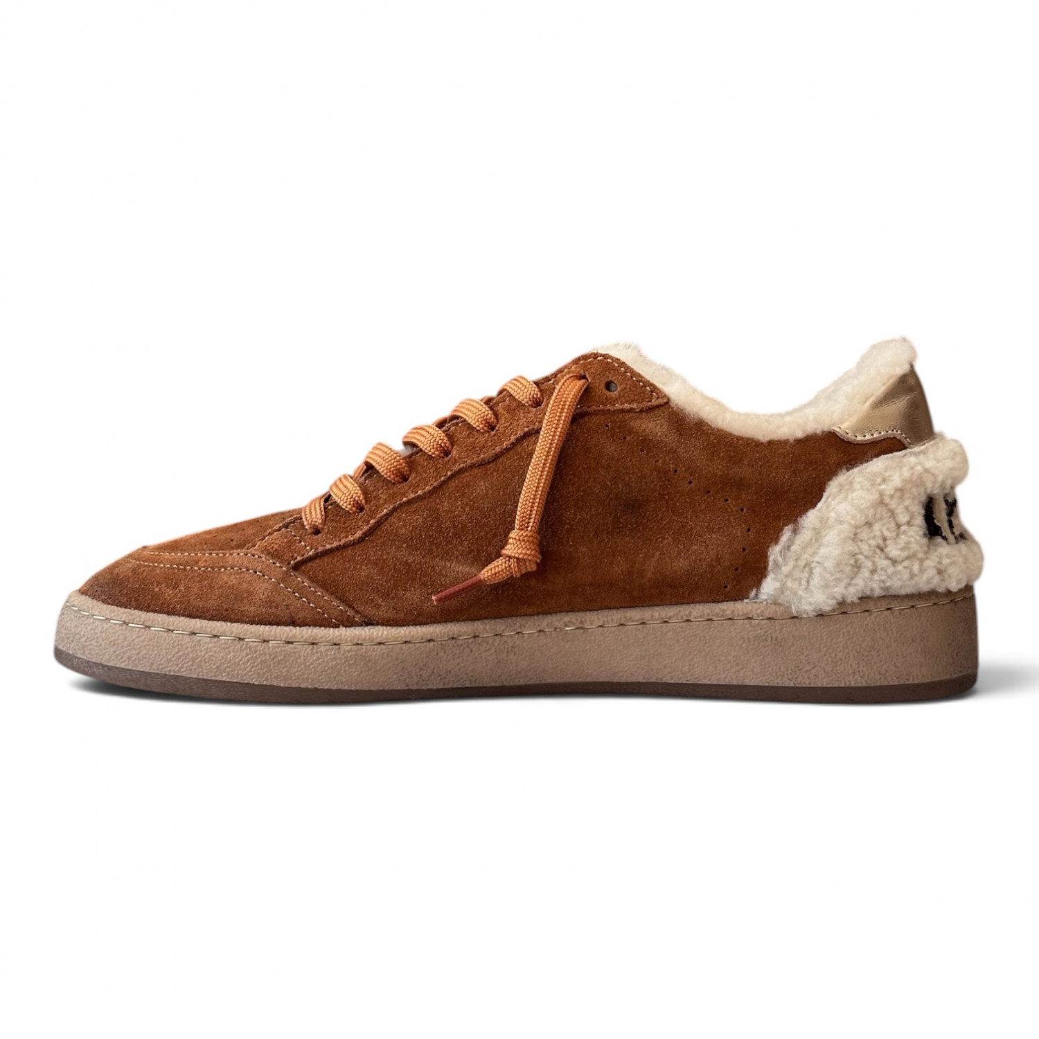 BALL STAR SHEARLING TRIMMED SUEDE SNEAKERS IN TAN WITH SILVER STAR