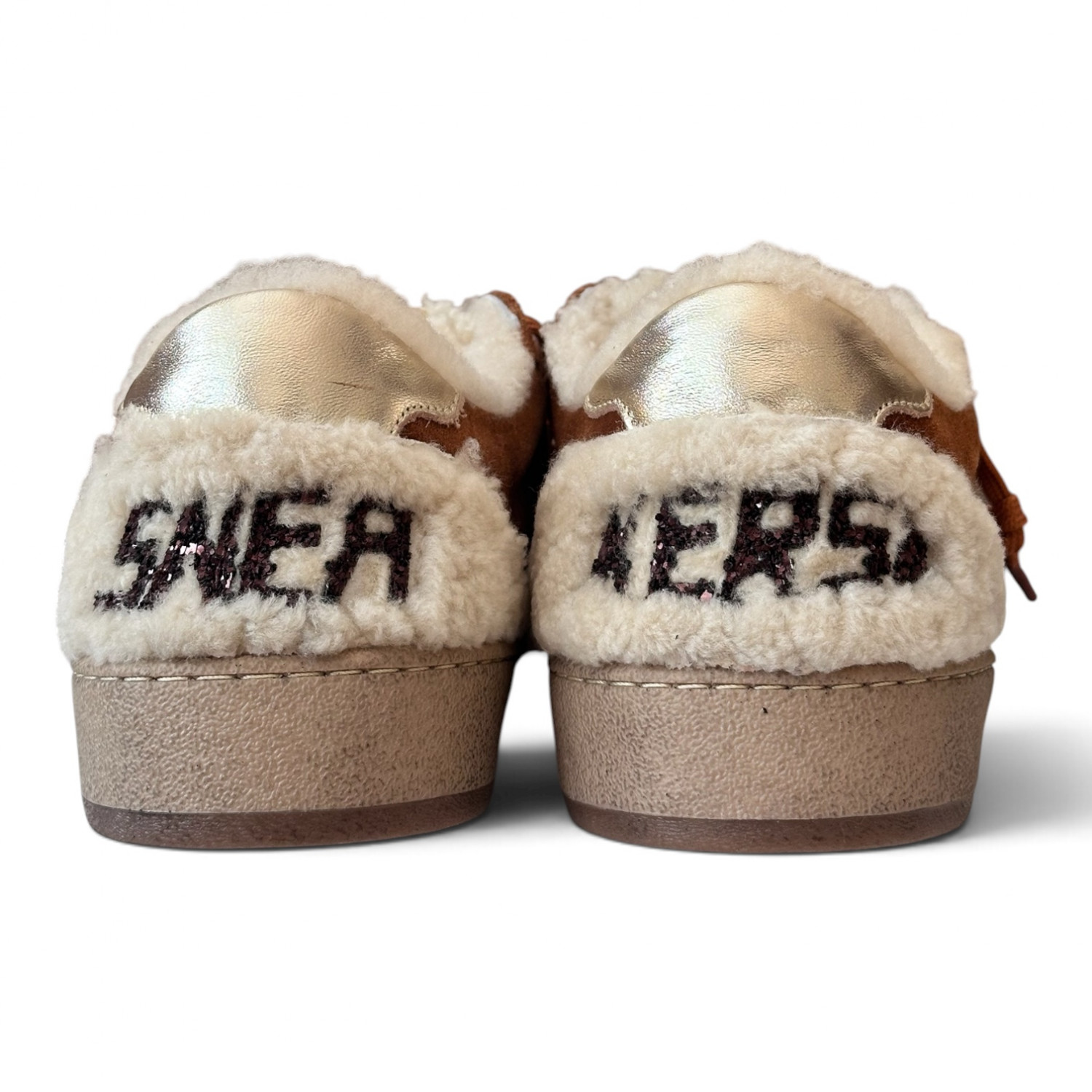 BALL STAR SHEARLING TRIMMED SUEDE SNEAKERS IN TAN WITH SILVER STAR