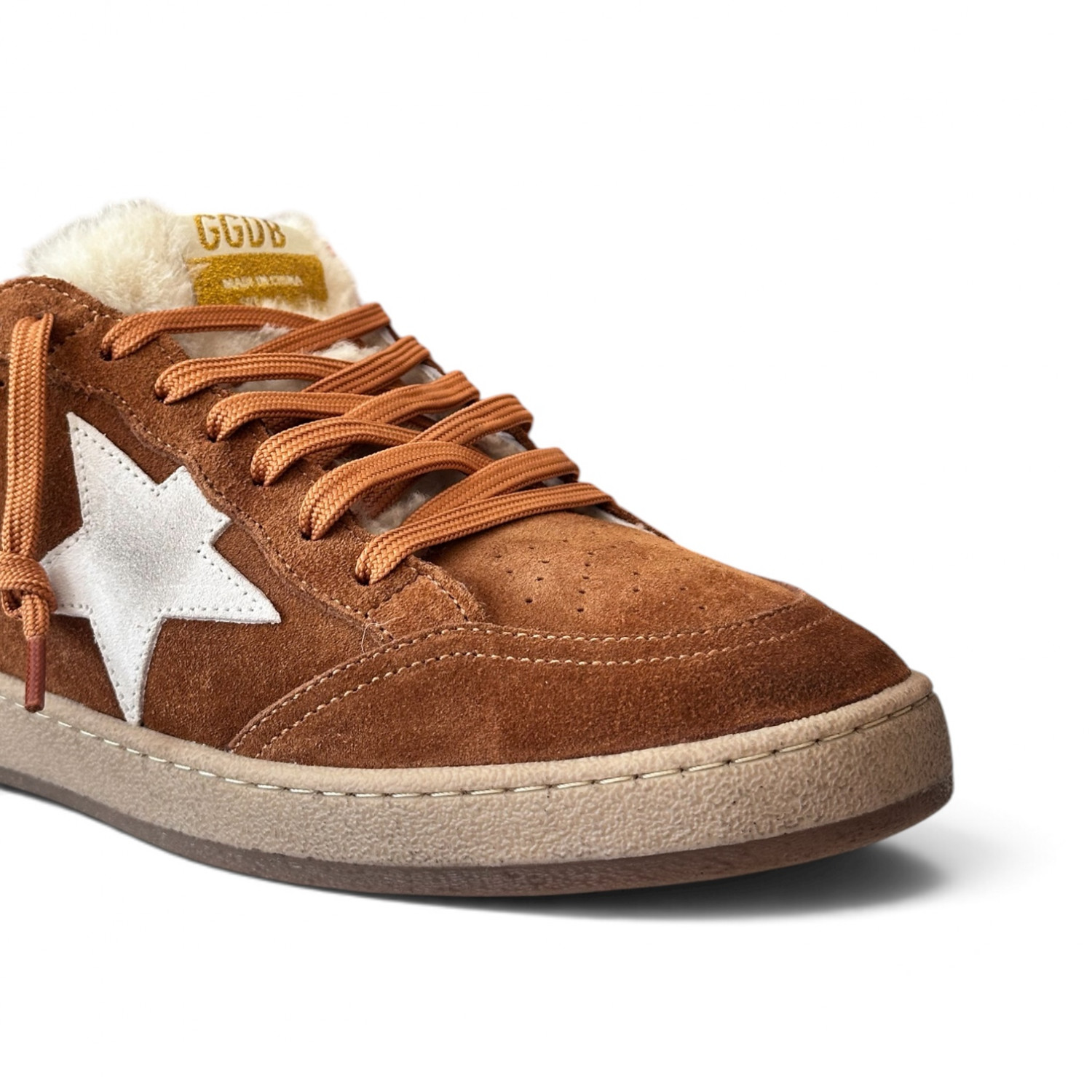 BALL STAR SHEARLING TRIMMED SUEDE SNEAKERS IN TAN WITH SILVER STAR