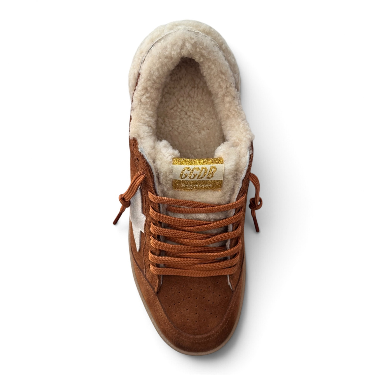 BALL STAR SHEARLING TRIMMED SUEDE SNEAKERS IN TAN WITH SILVER STAR