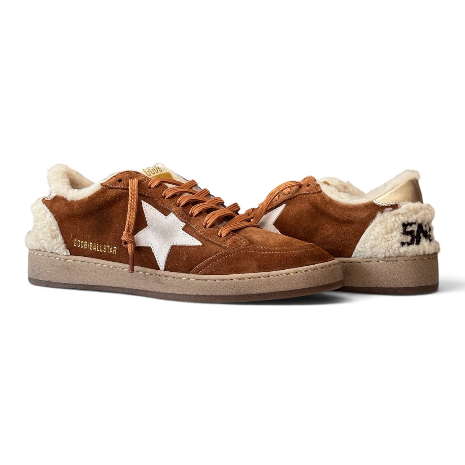 BALL STAR SHEARLING TRIMMED SUEDE SNEAKERS IN TAN WITH SILVER STAR