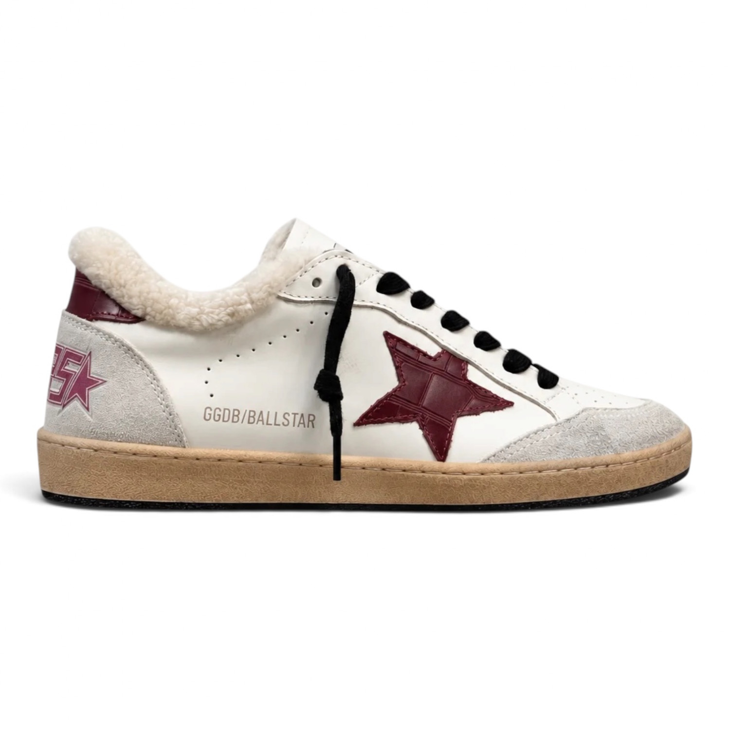 Ball Star Shearling with burgundy croc print leather star and heel tab