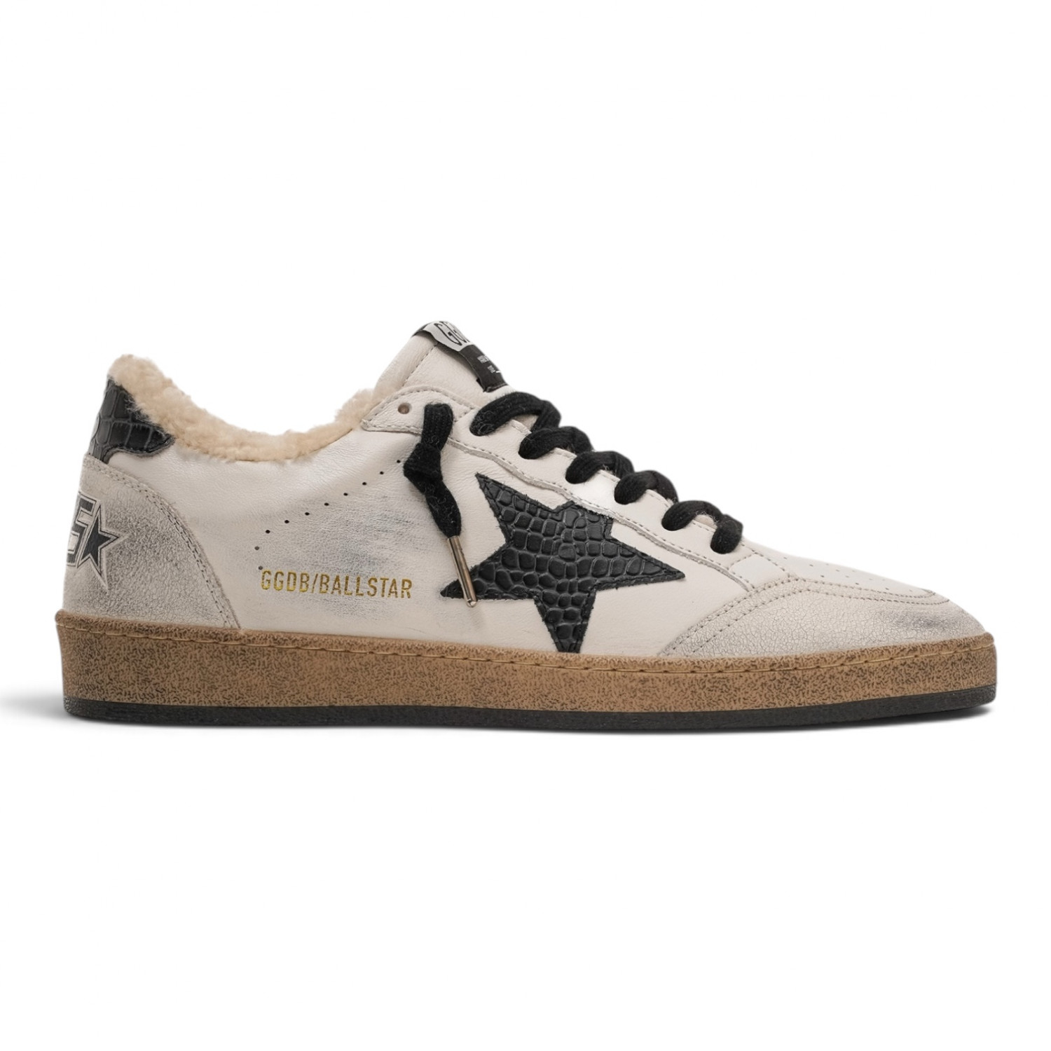 Men’s Ball Star Shearling in White Leather with Black Croc-Effect Star and Heel Tab