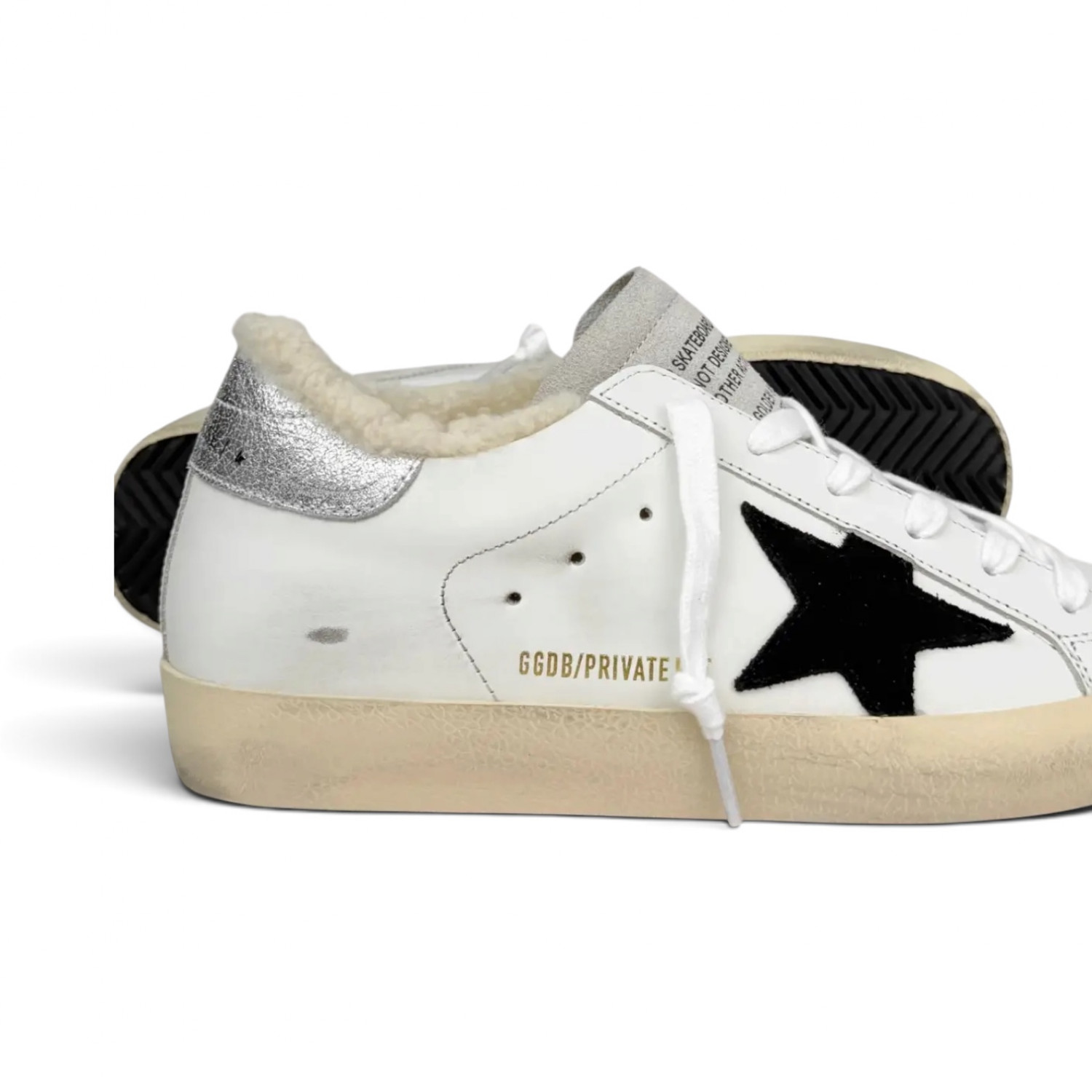 SUPER STAR IN WHITE LEATHER AND SHEARLING WITH BLACK STAR AND SILVER HEEL TAB