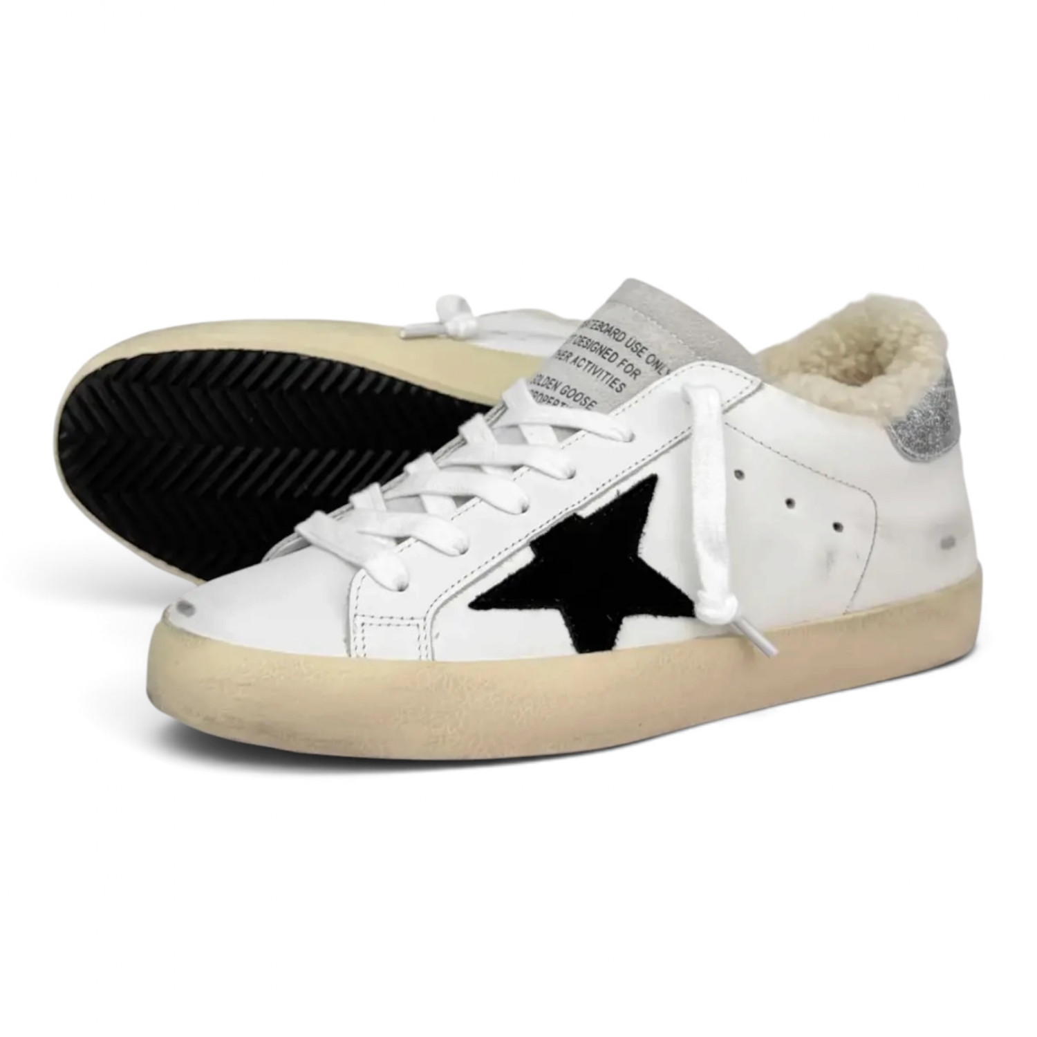 SUPER STAR IN WHITE LEATHER AND SHEARLING WITH BLACK STAR AND SILVER HEEL TAB