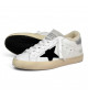 SUPER STAR IN WHITE LEATHER AND SHEARLING WITH BLACK STAR AND SILVER HEEL TAB