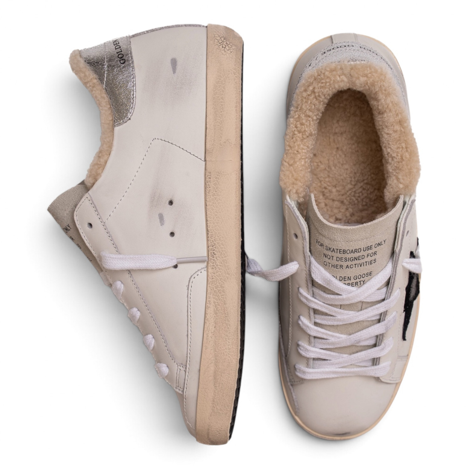 SUPER STAR IN WHITE LEATHER AND SHEARLING WITH BLACK STAR AND SILVER HEEL TAB