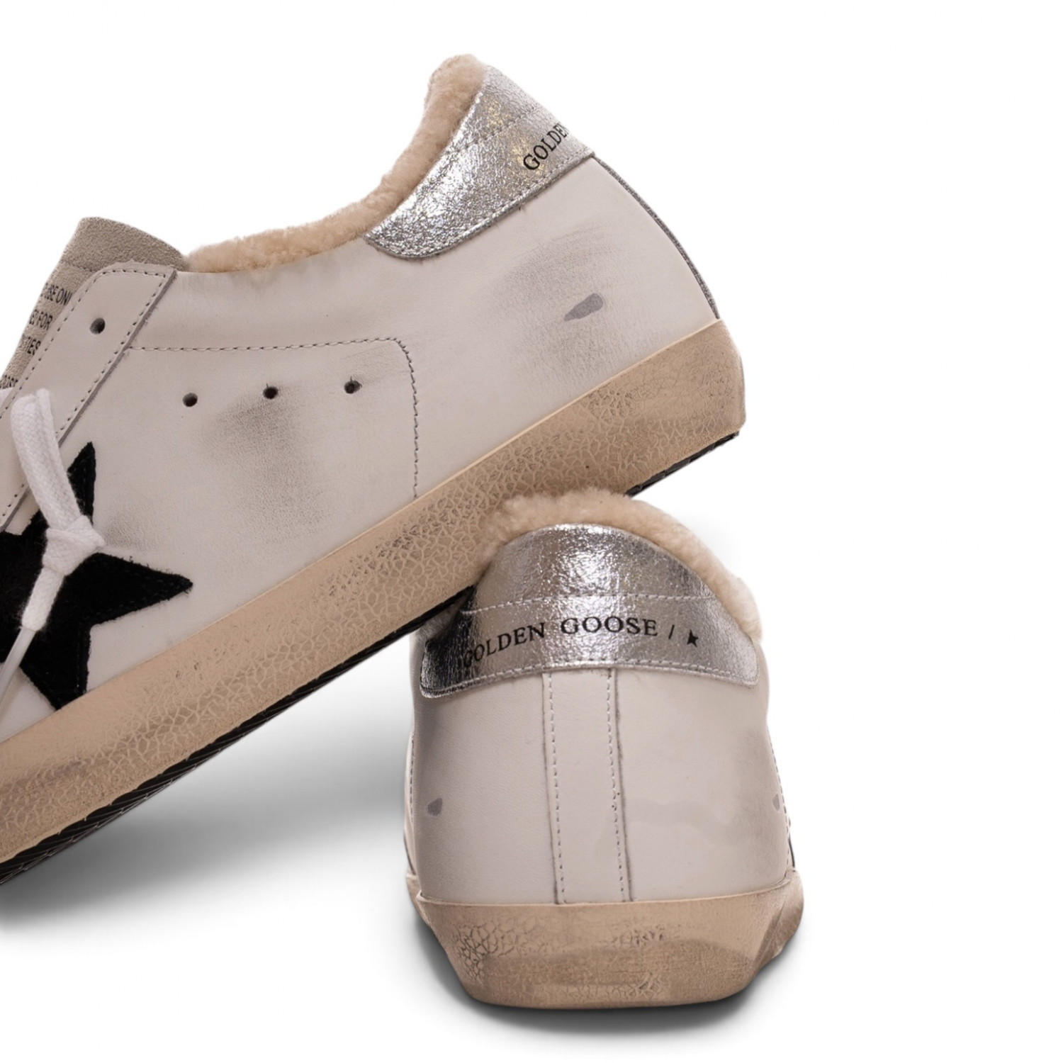 SUPER STAR IN WHITE LEATHER AND SHEARLING WITH BLACK STAR AND SILVER HEEL TAB