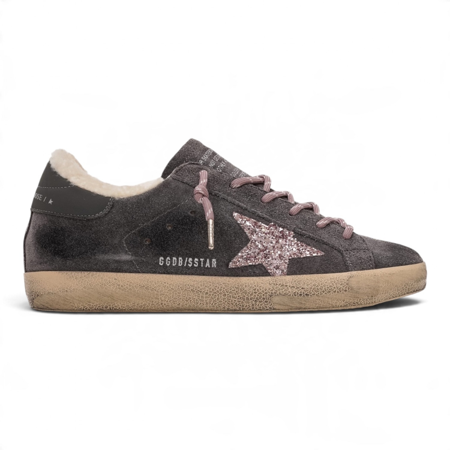 Super Star Shearling in grey suede with pink glitter star
